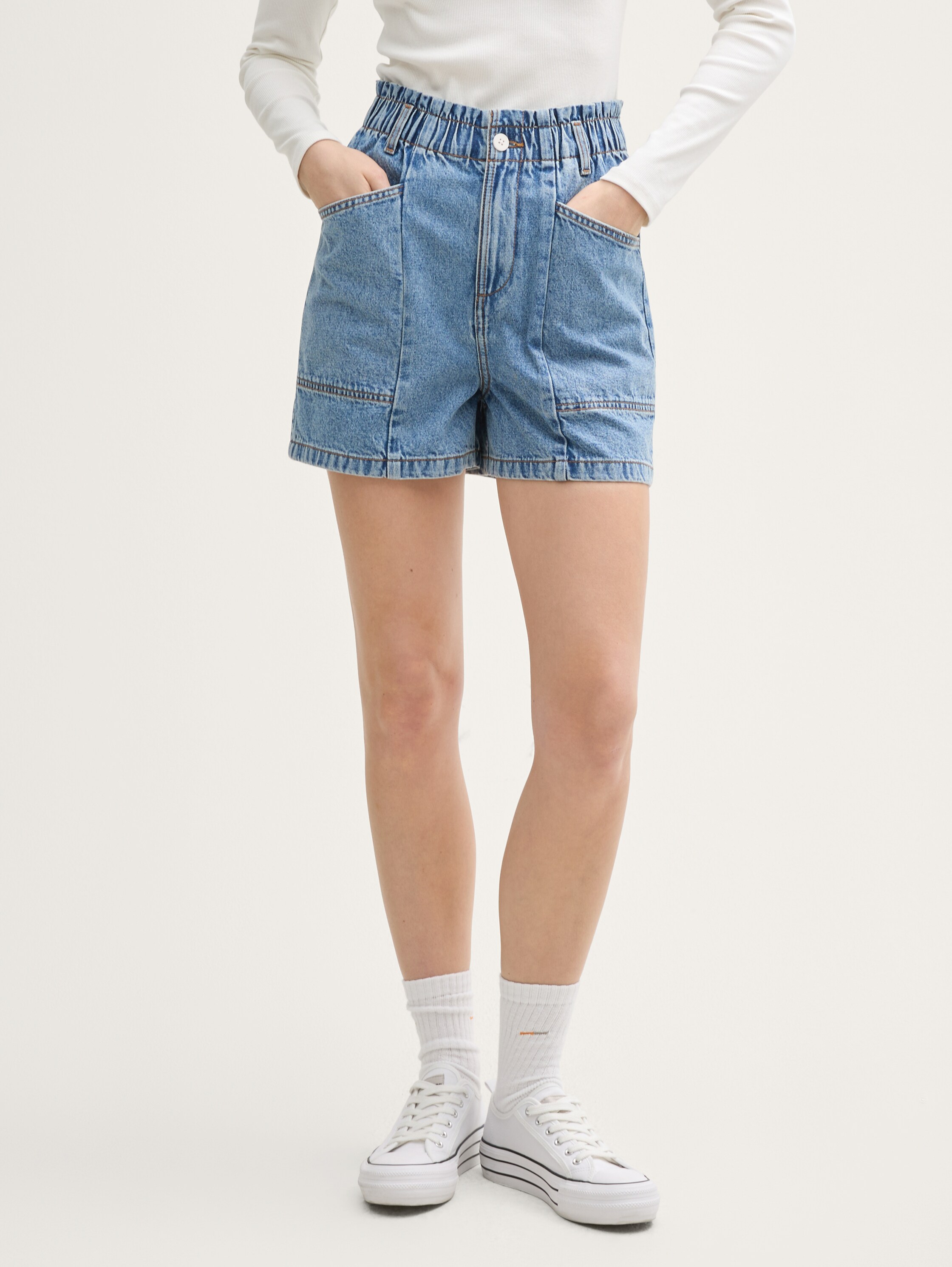 Paperbag jeans shorts - clean_mid_stone_blue_denim - 