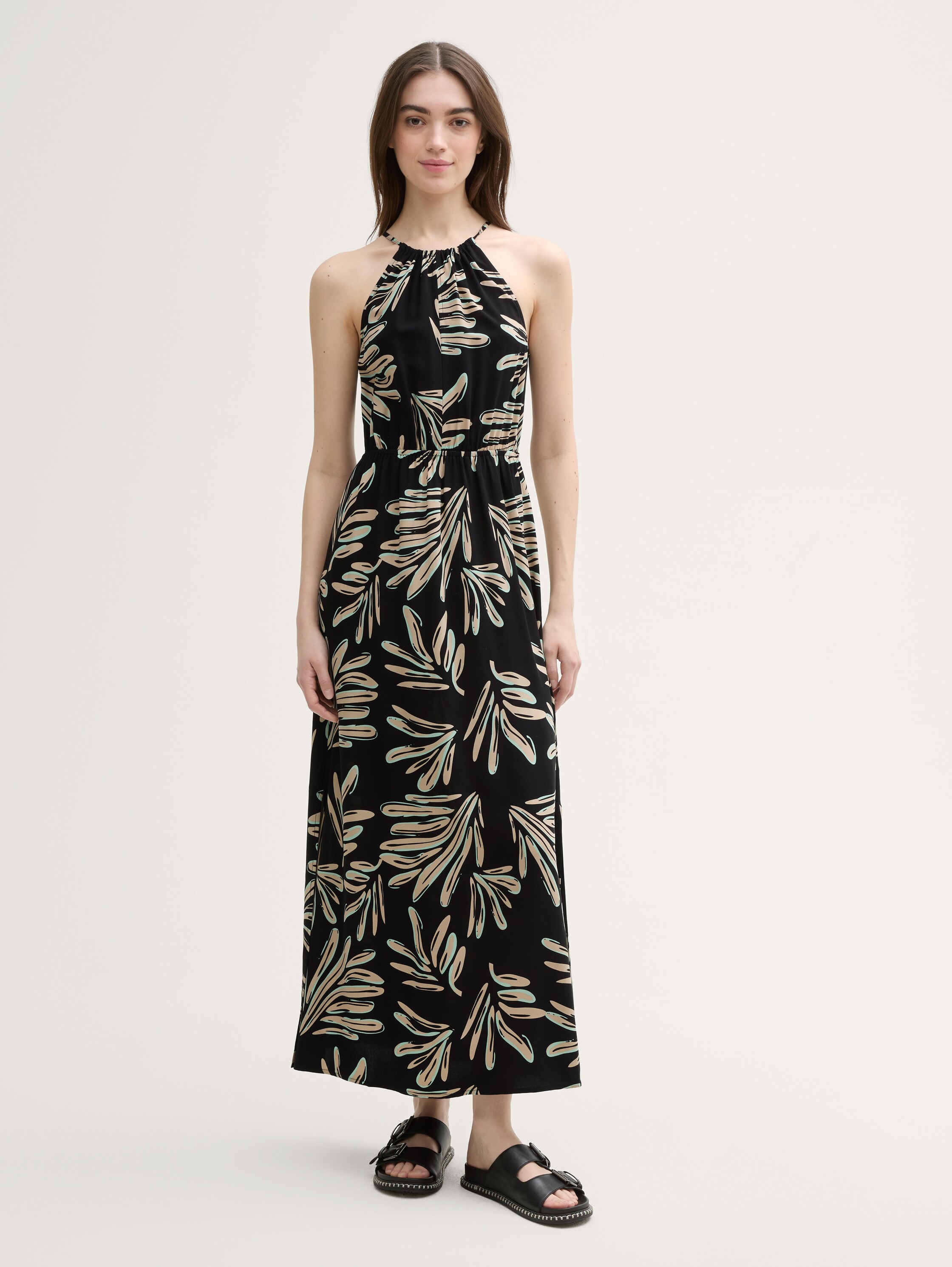 Neckholder Maxi-Kleid - abstract_black_beige_print - 