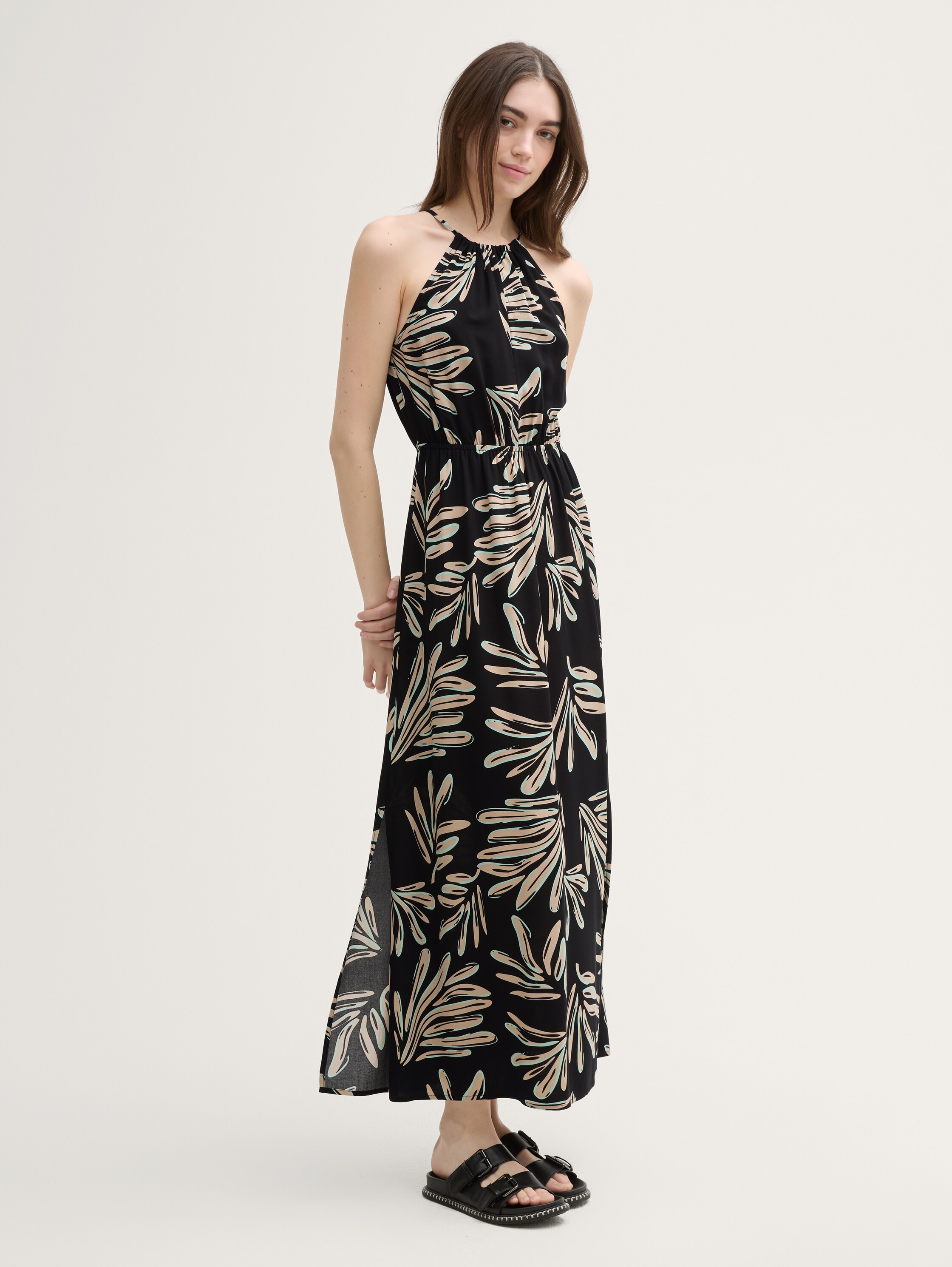 Neckholder Maxi-Kleid - abstract_black_beige_print - 