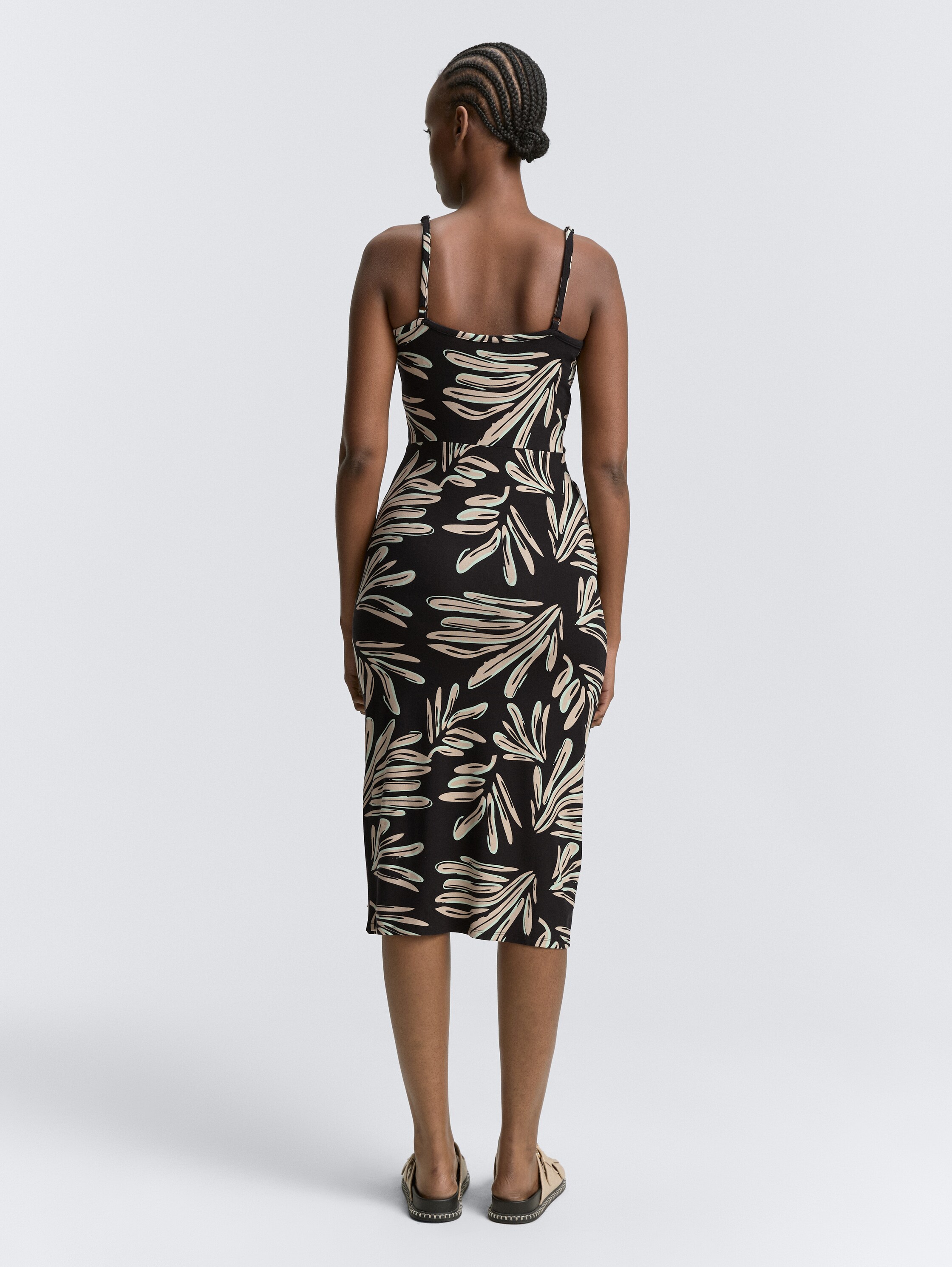 Midi strap dress with twist detail - abstract_black_beige_print - 