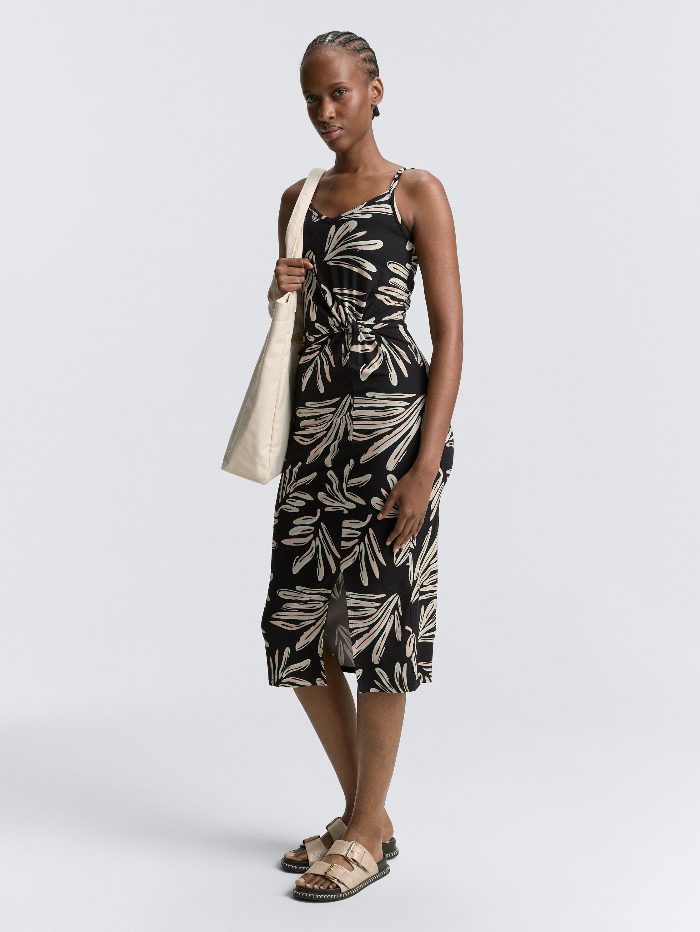 Midi strap dress with twist detail - abstract_black_beige_print - 