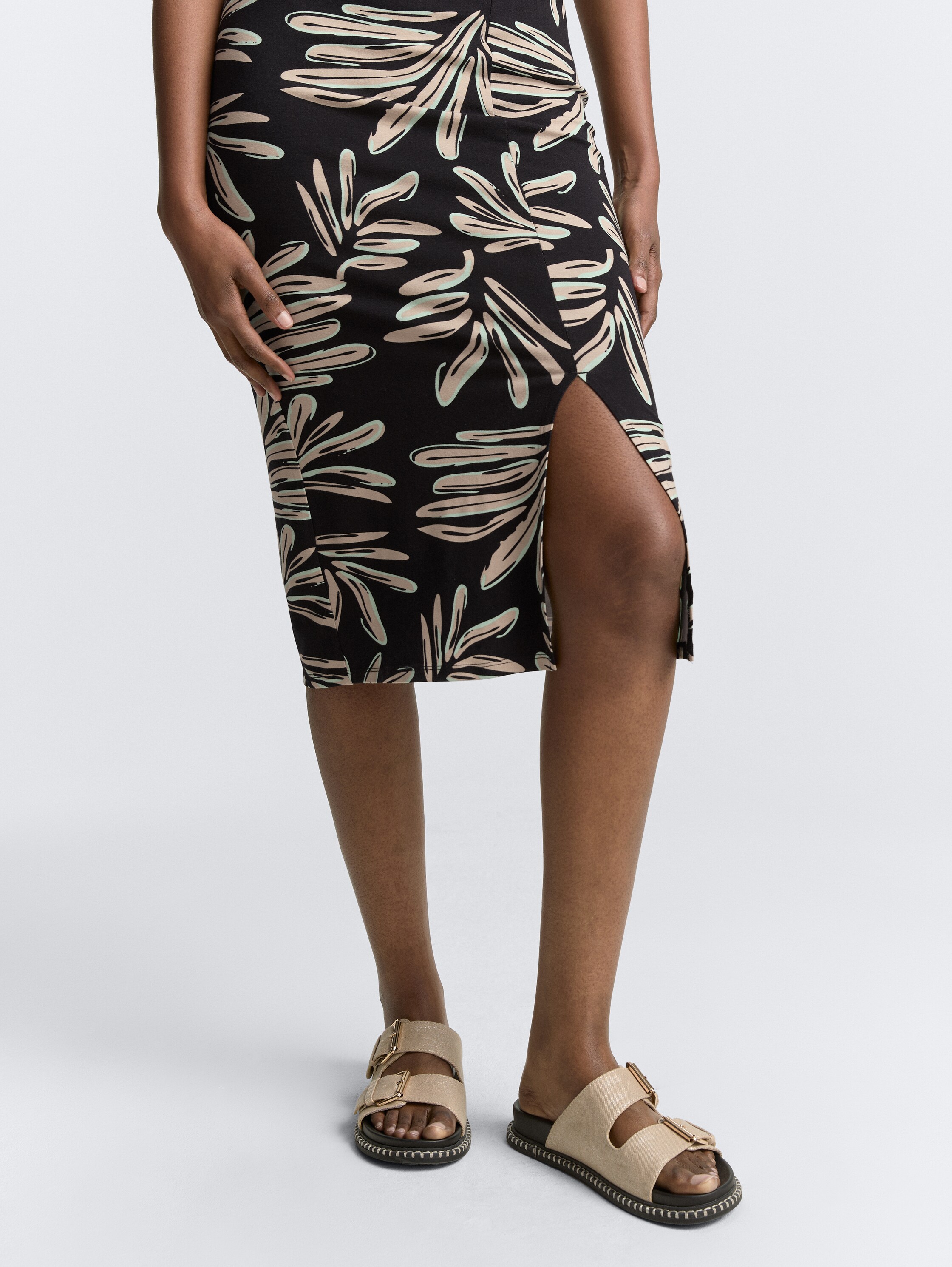 Midi strap dress with twist detail - abstract_black_beige_print - 