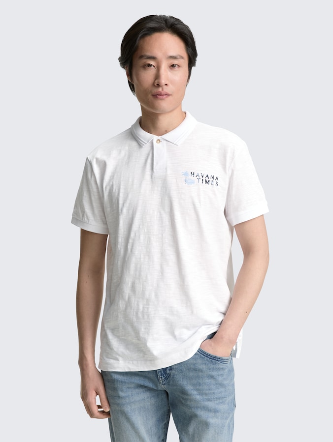 Cotton polo shirt with print by Men, White