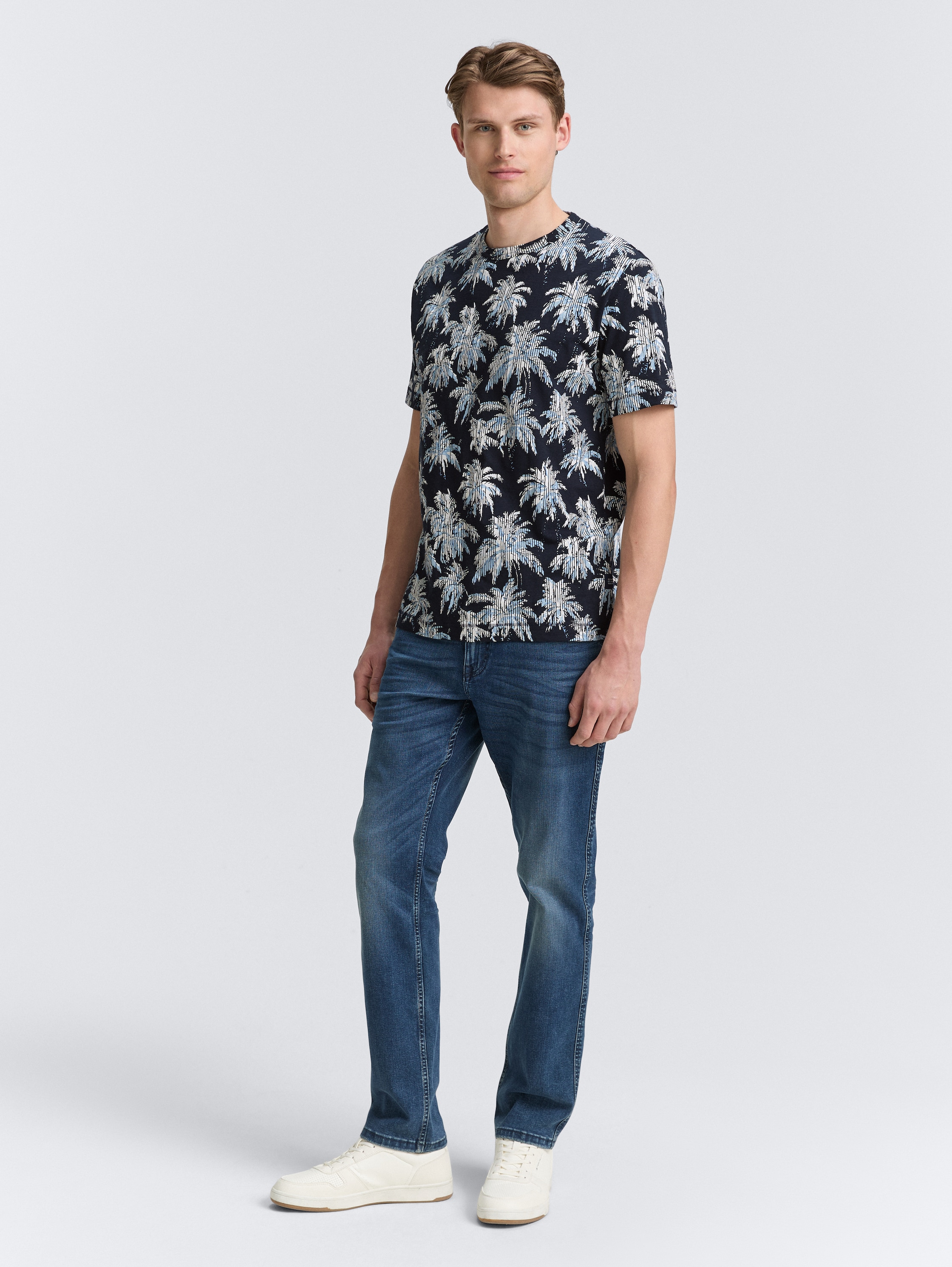 T-Shirt mit Palmen-Print - navy_blue_stripe_palm_design - 