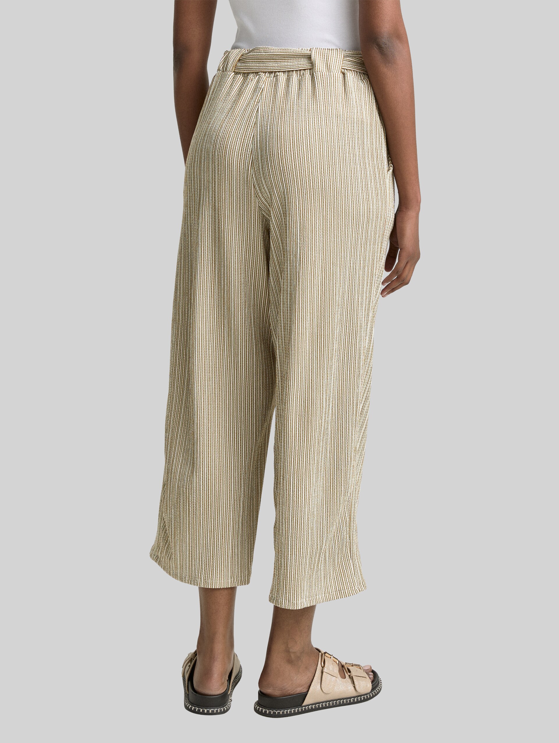 High waist culotte trousers with tie belt - vertical green white stripe - Neckline model-back view