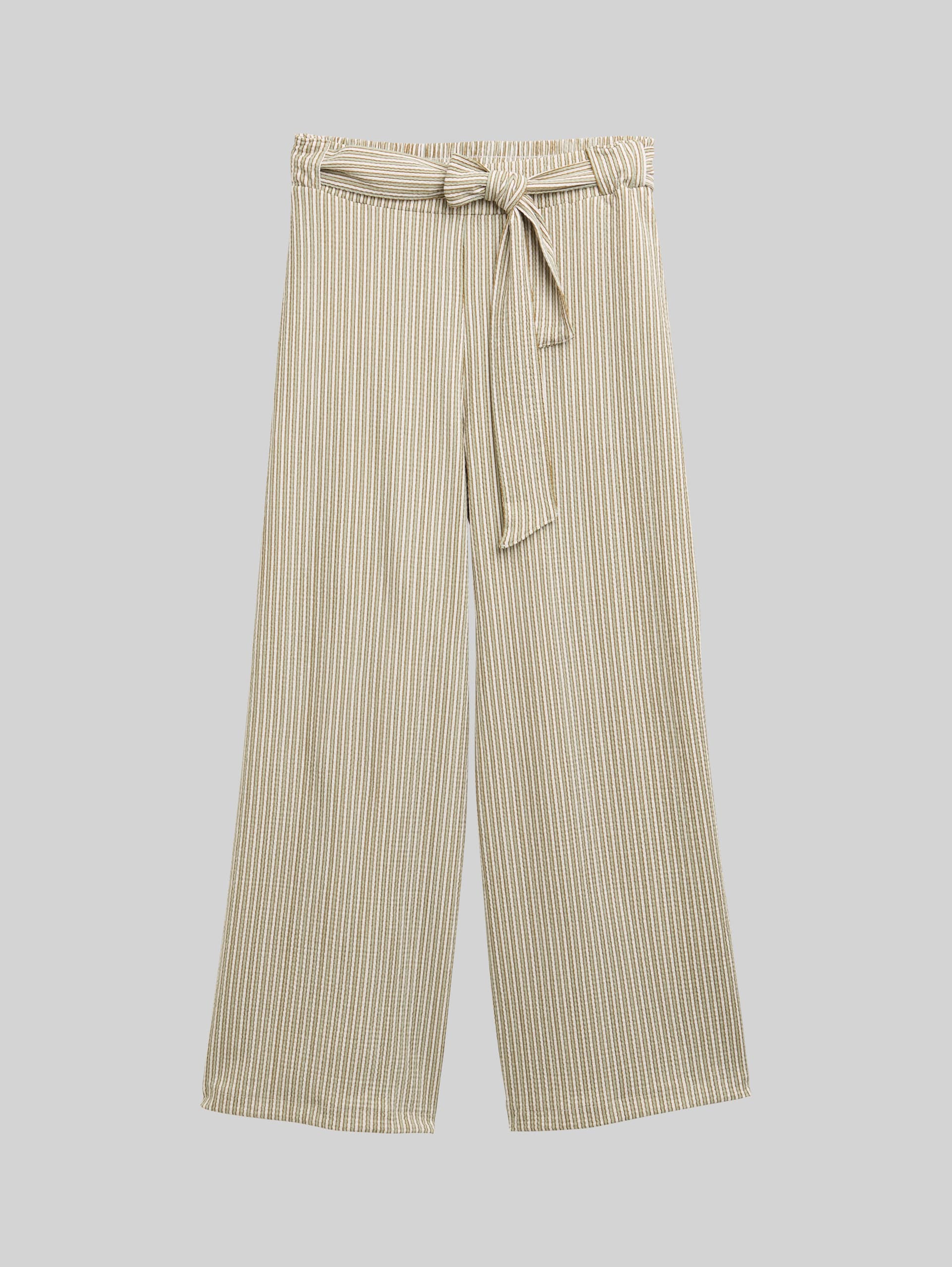High waist culotte trousers with tie belt - vertical green white stripe - Front product view