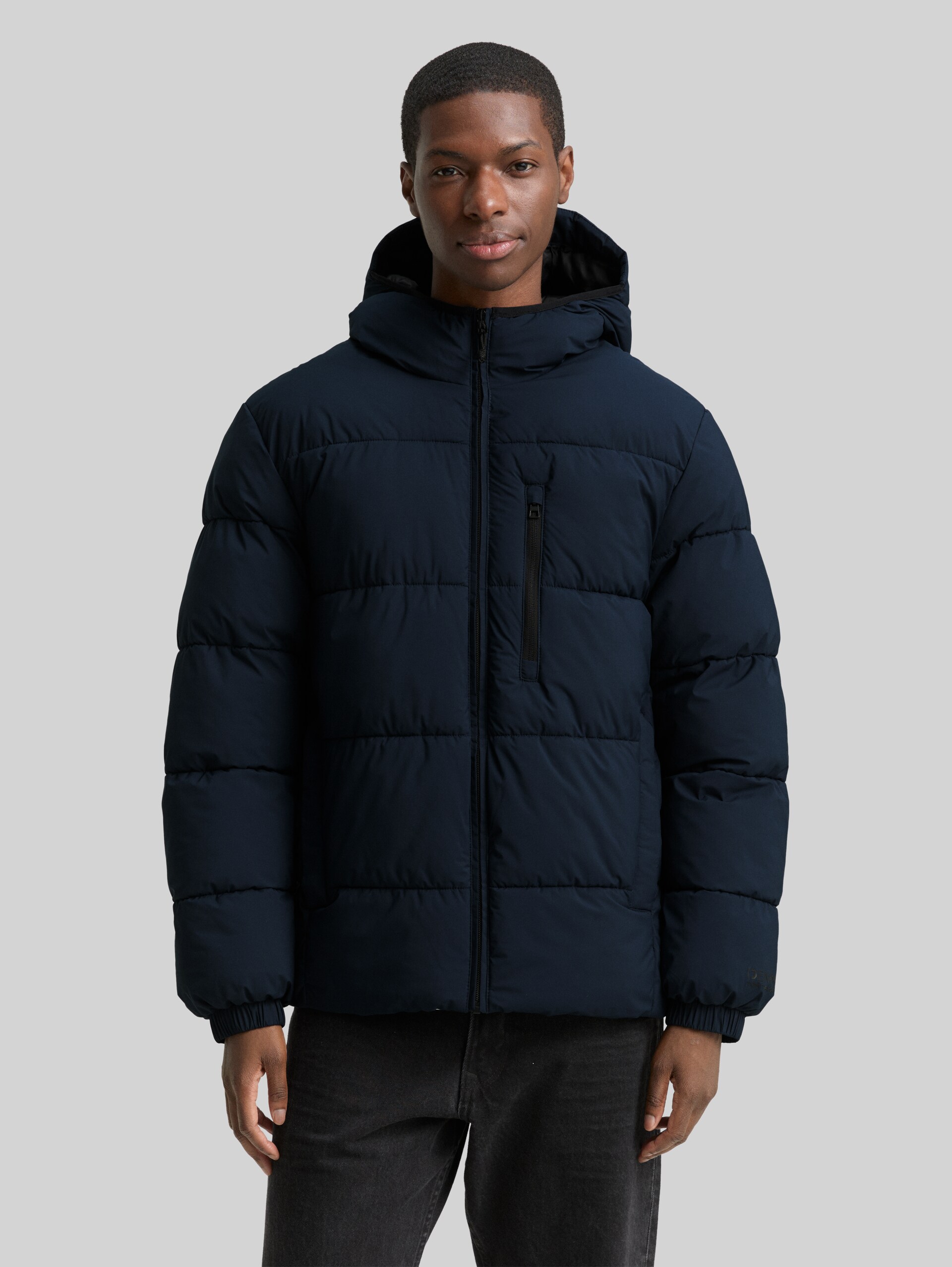 Lightweight puffer jacket with hood - sky captain blue - Model front view