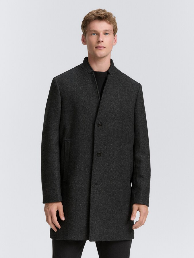 Wool coat with stand-up collar by Denim Male, grey big herringbone optic