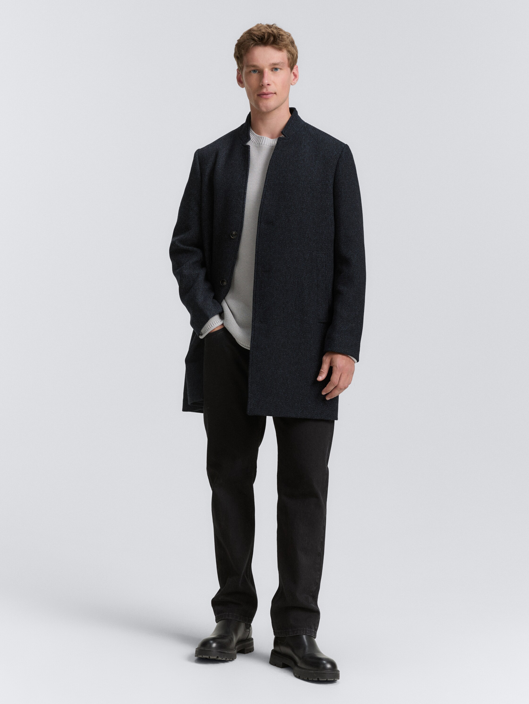 Wollen jas met opstaande kraag - black_navy_twill - 