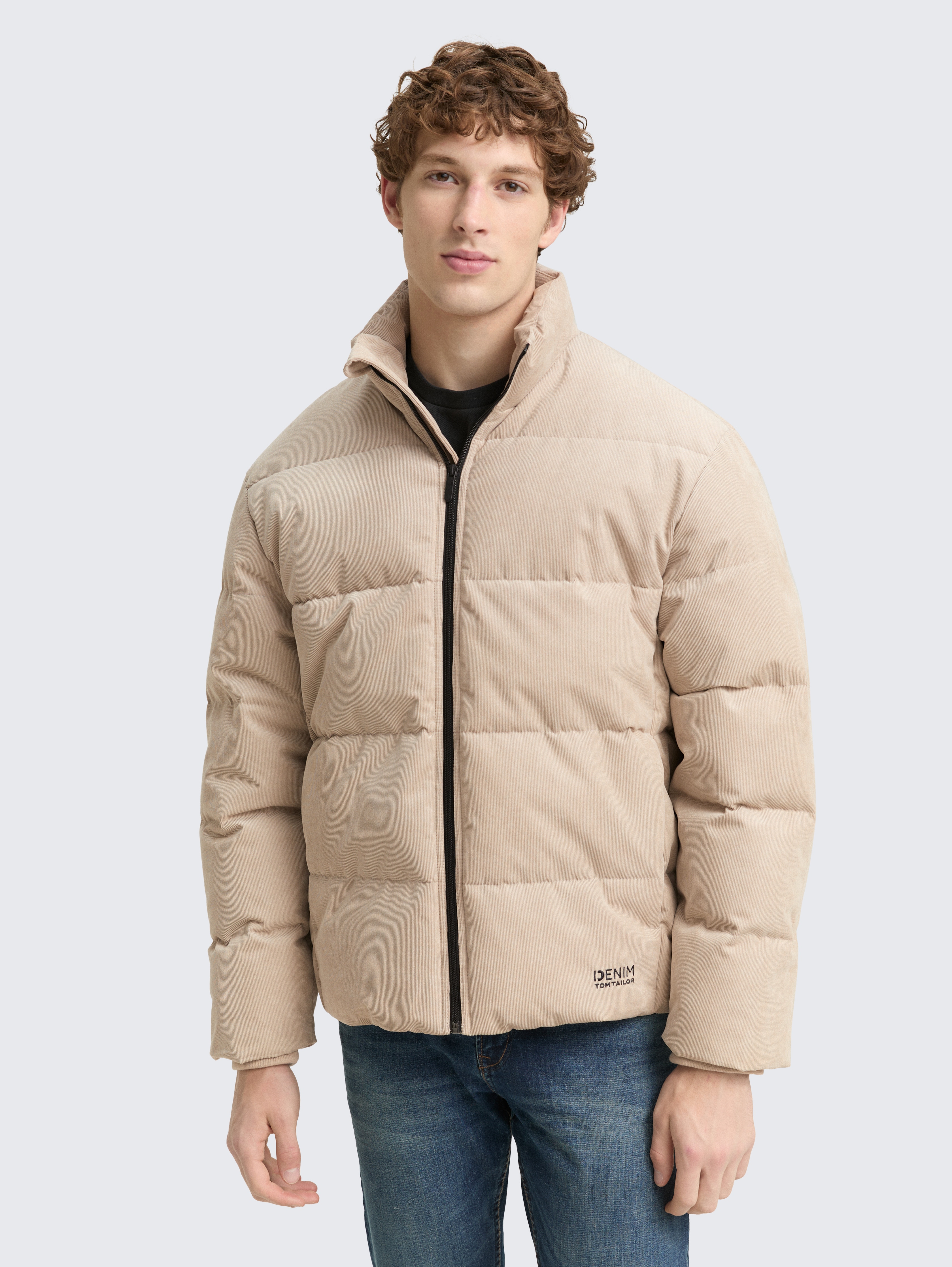 Cord Puffer-Jacke mit Stehkragen von Denim Male, Cashew Beige