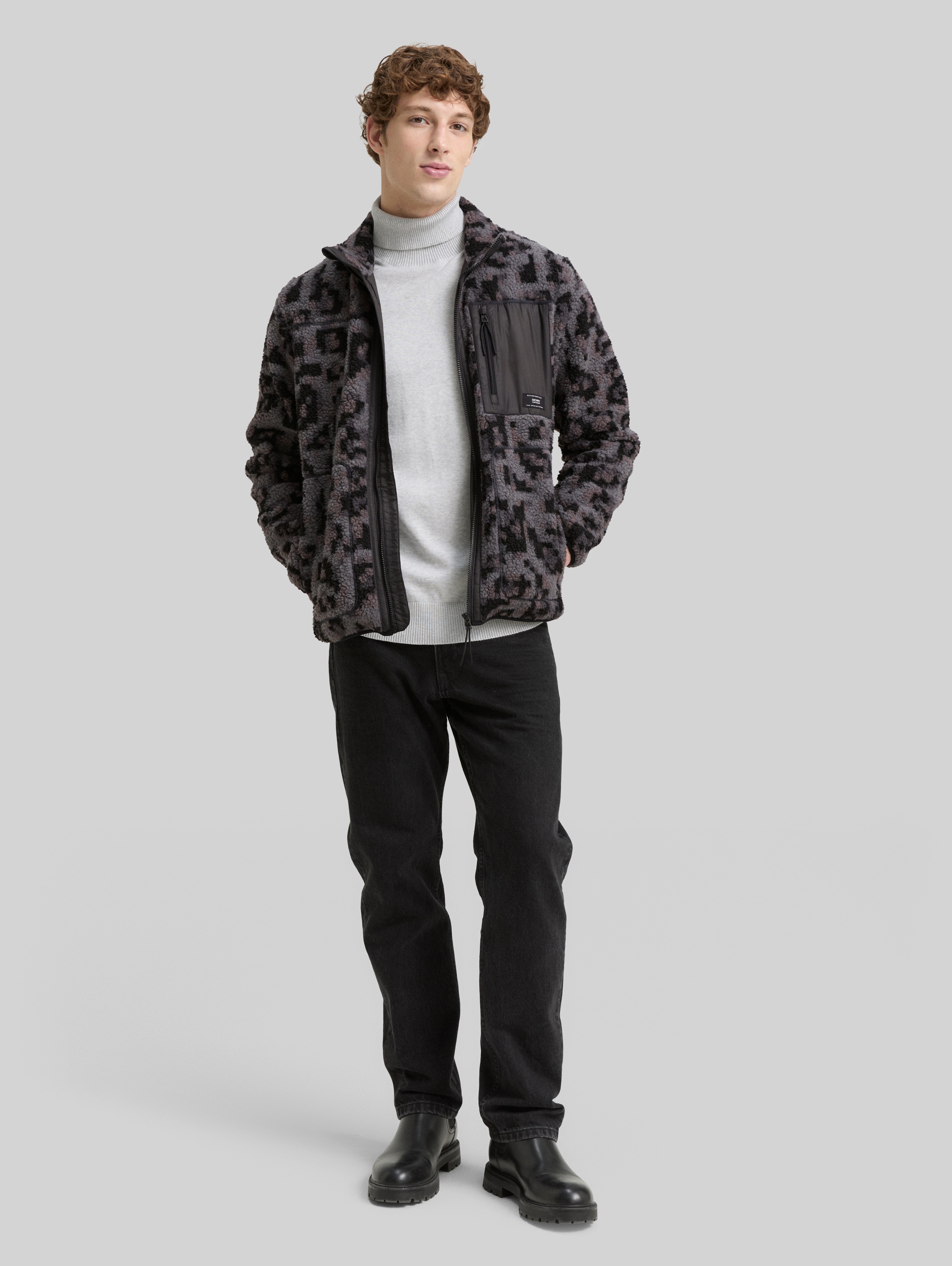 Teddy jacket with stand-up collar in grey by Tom Tailor