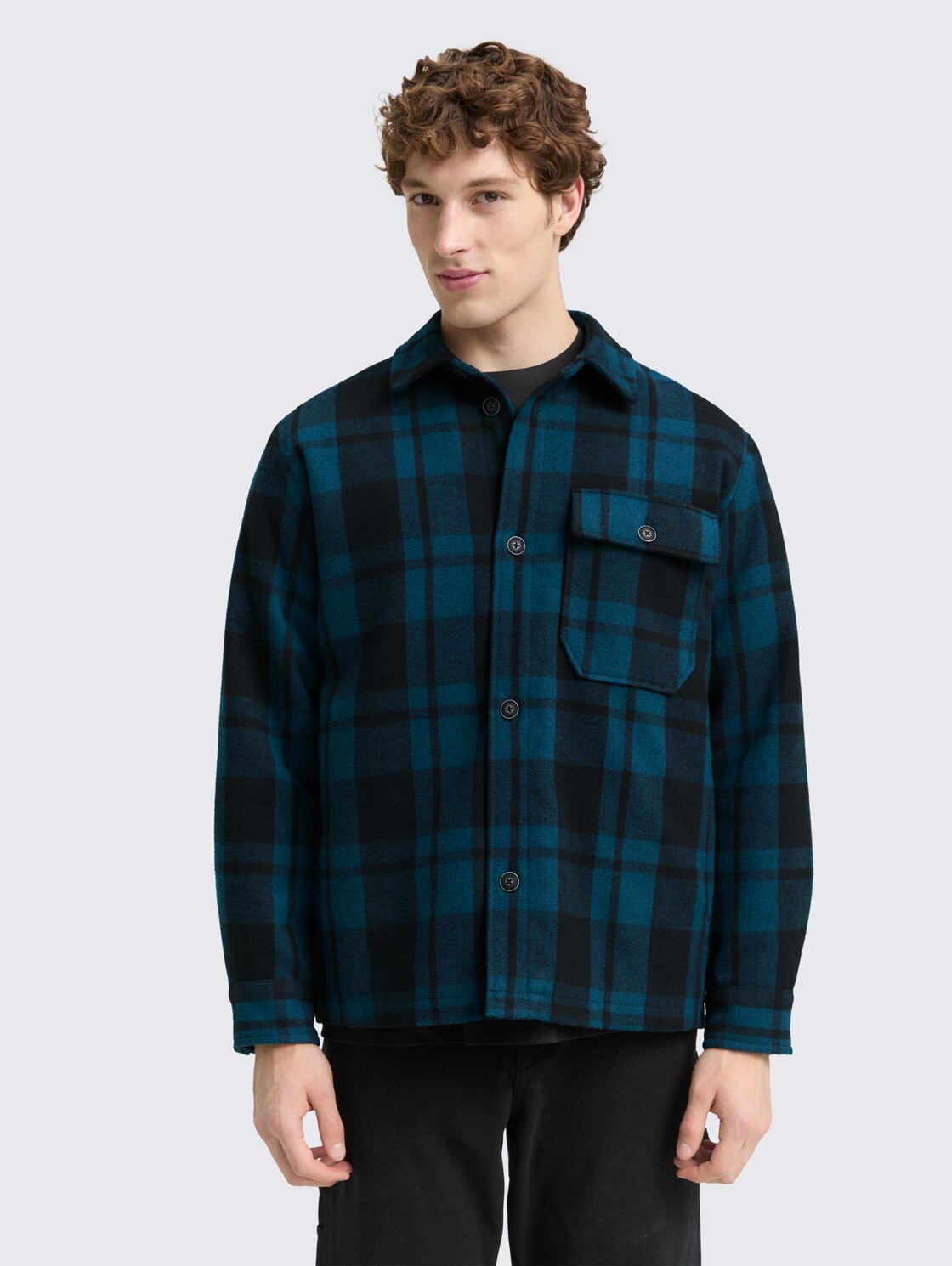 Overshirt Jacke in Woll-Optik - deep pond green dark check - Model-Vorderansicht