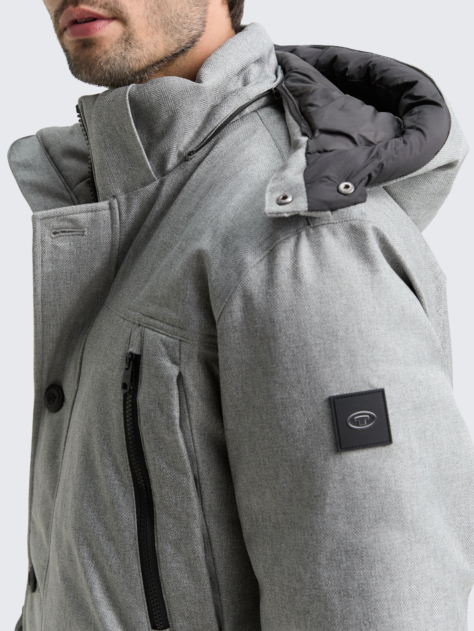 Arctic Parka mit abnehmbarer Kapuze - grey melange herringbone - Detail-Model-Ansicht