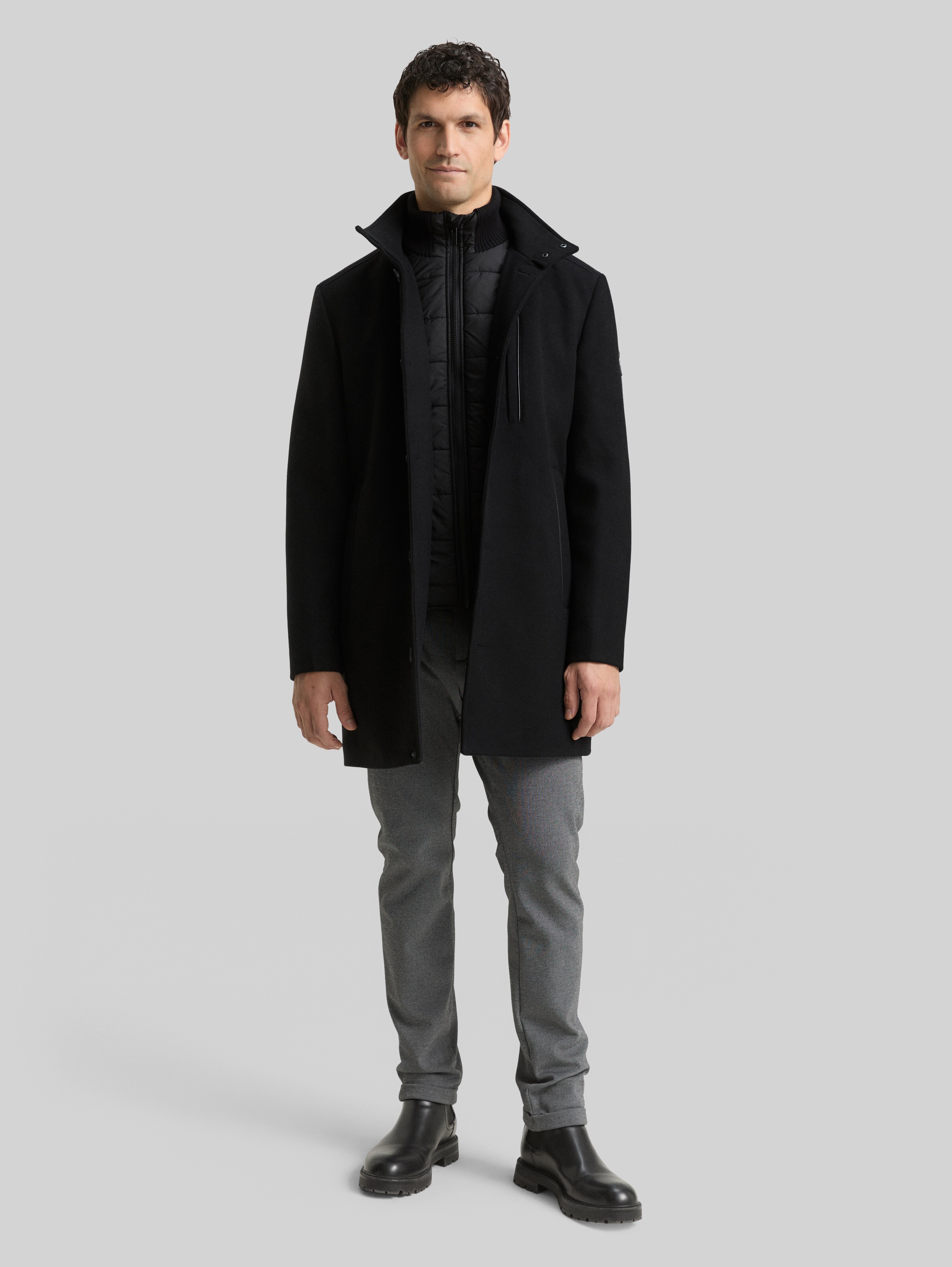 2-in-1 woollen coat with detachable inner jacket in black by Tom