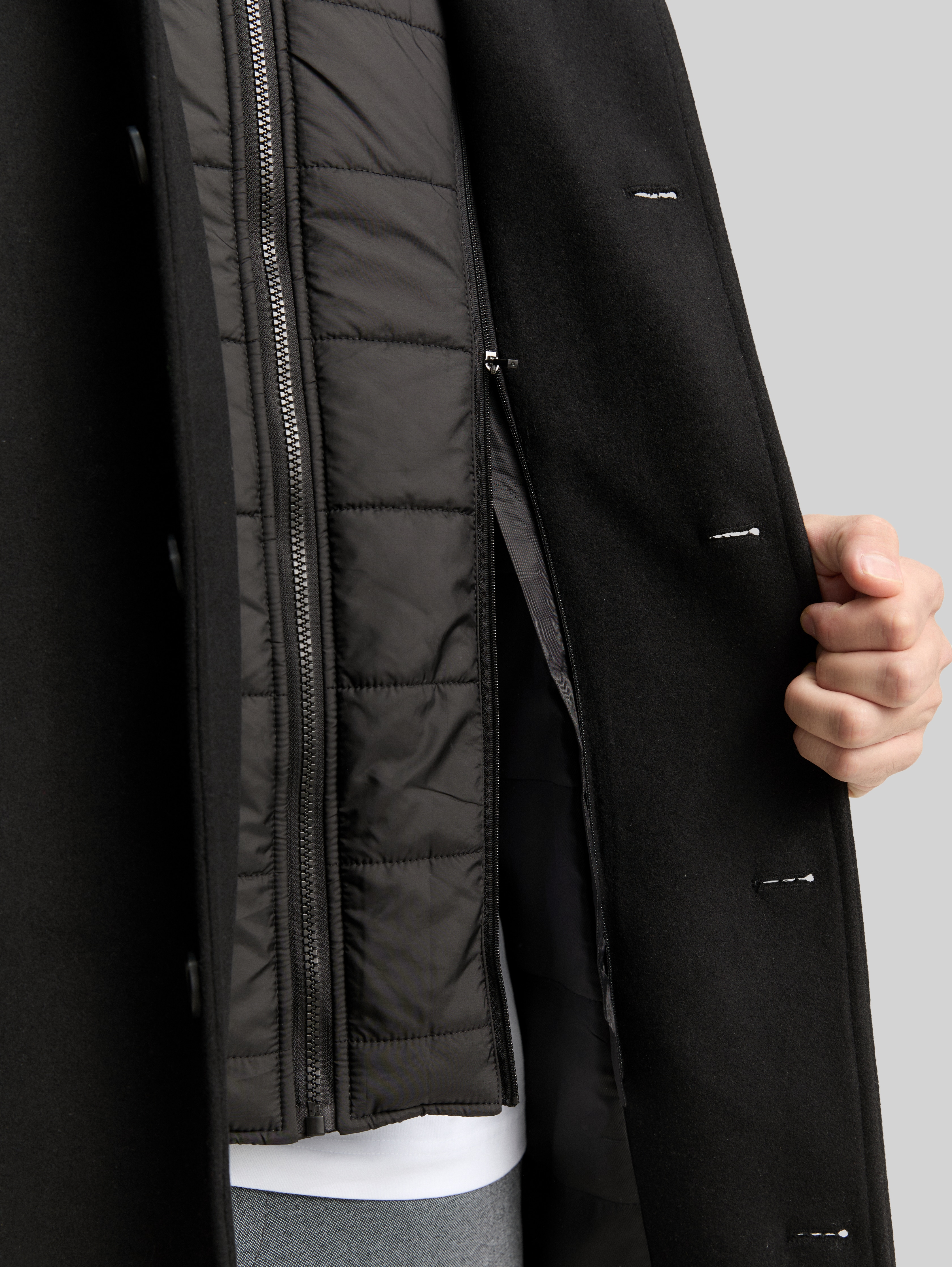 2-in-1 woollen coat with detachable inner jacket in black by Tom