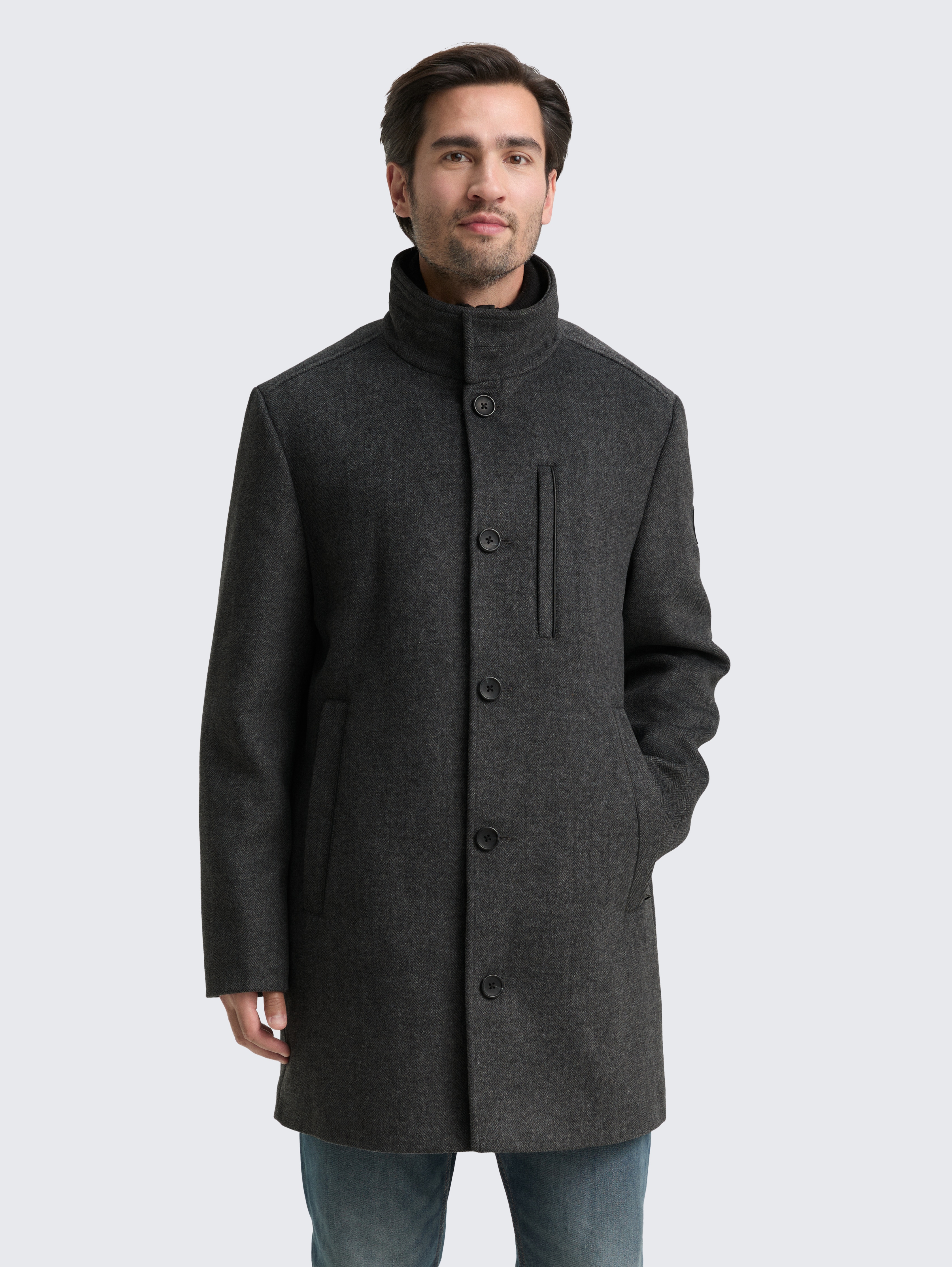 2-in-1 Wollmantel mit abnehmbarer Innenjacke von Men, dark grey black herringbone