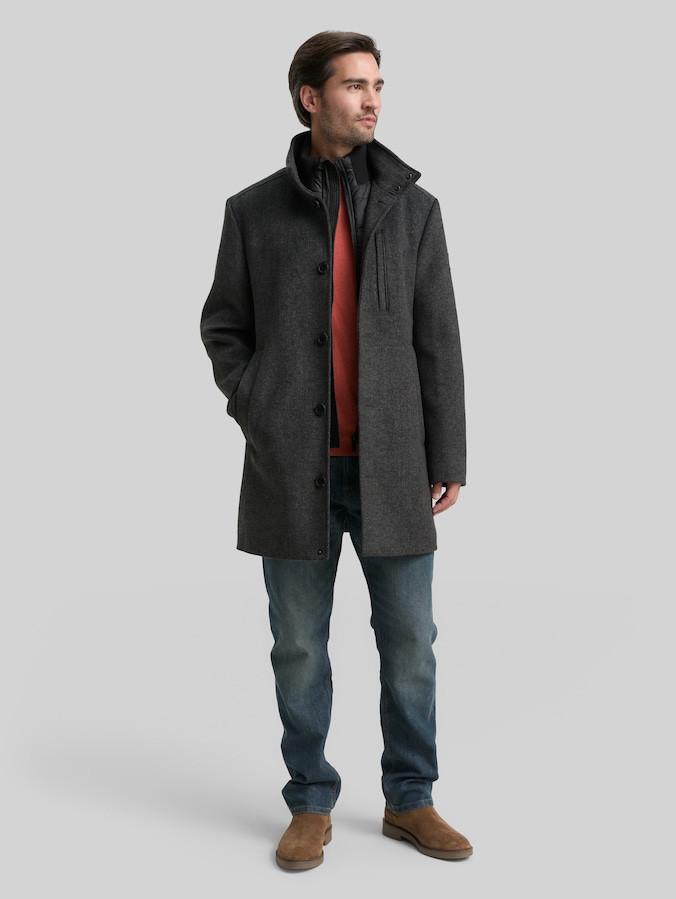 2-in-1 Wollmantel mit abnehmbarer Innenjacke von Men, dark grey black herringbone