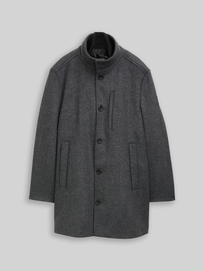 2-in-1 woollen coat with detachable inner jacket by Men, dark grey black herringbone