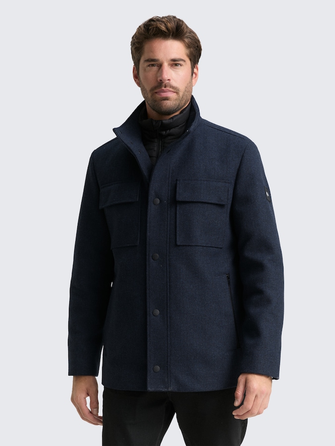 2-in-1 wool jacket with detachable inner jacket by Men, blue small herringbone