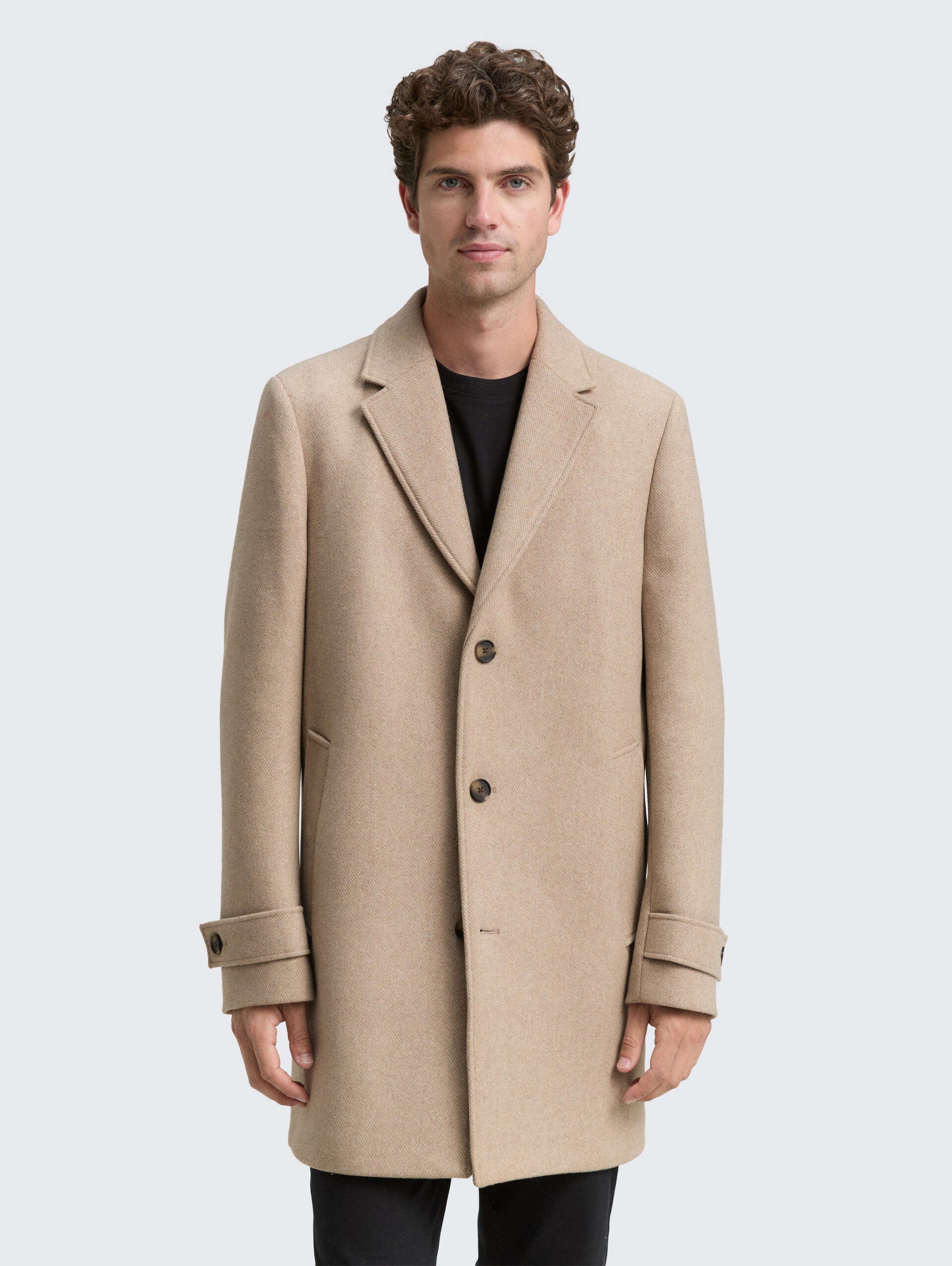 Wollmantel mit Reverskragen - taupe wool twill - Model-Vorderansicht