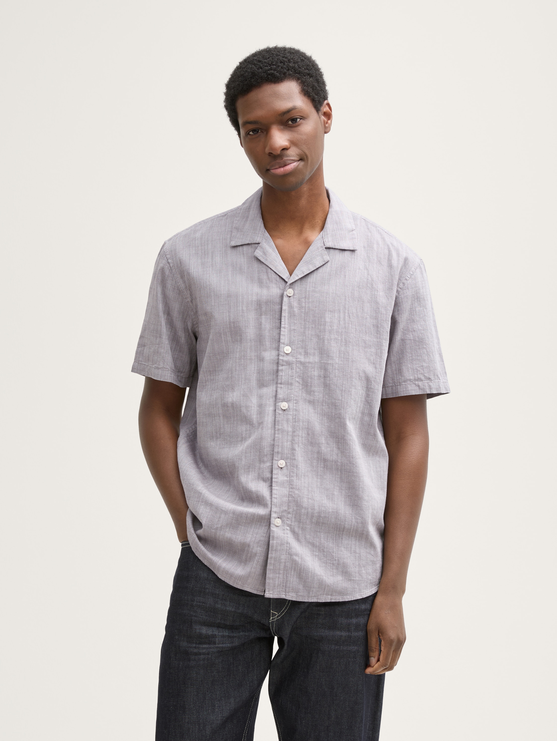 Relaxed Fit Kurzarmhemd aus Baumwolle - pavement_grey_white_structure - 