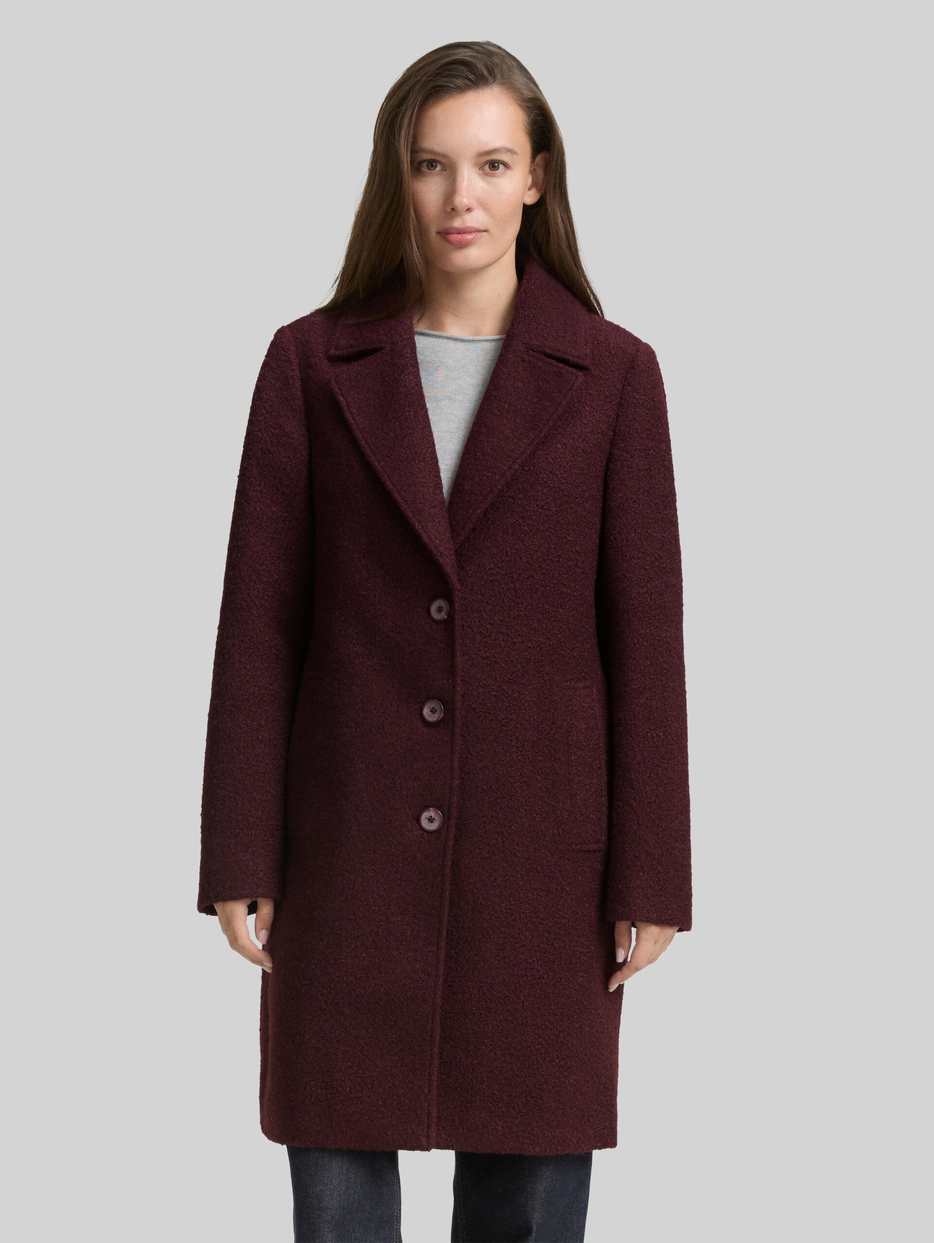 Bouclé coat with lapel collar - Zinfandel Red - Model front view