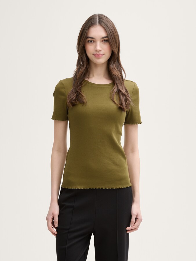 T-shirt met ribbelstructuur door Denim Female, warm moss green