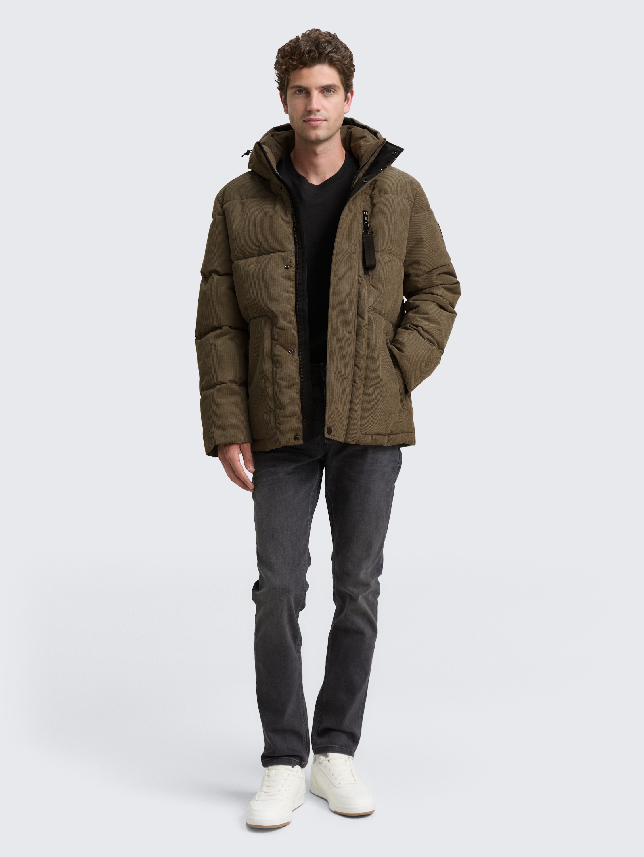 Cord Puffer-Jacke mit abnehmbarer Kapuze - smokey_olive_green - 