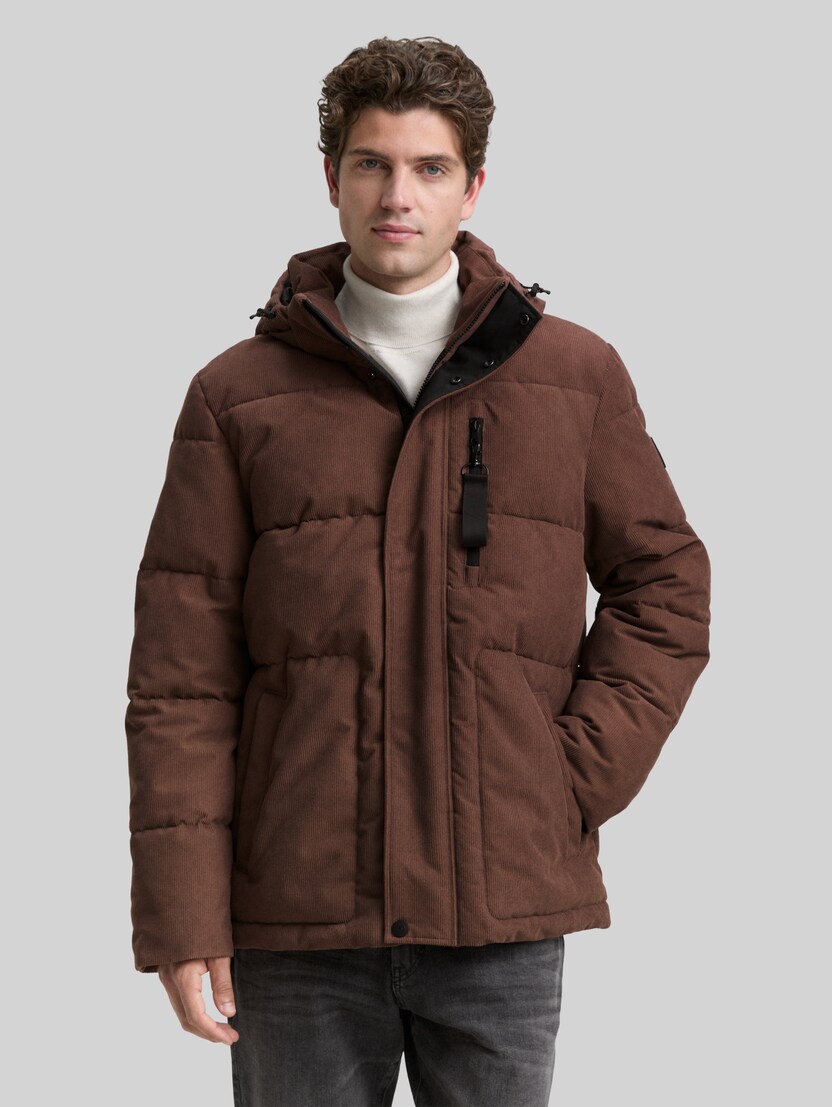 Cord Puffer-Jacke mit abnehmbarer Kapuze von Men, bag brown