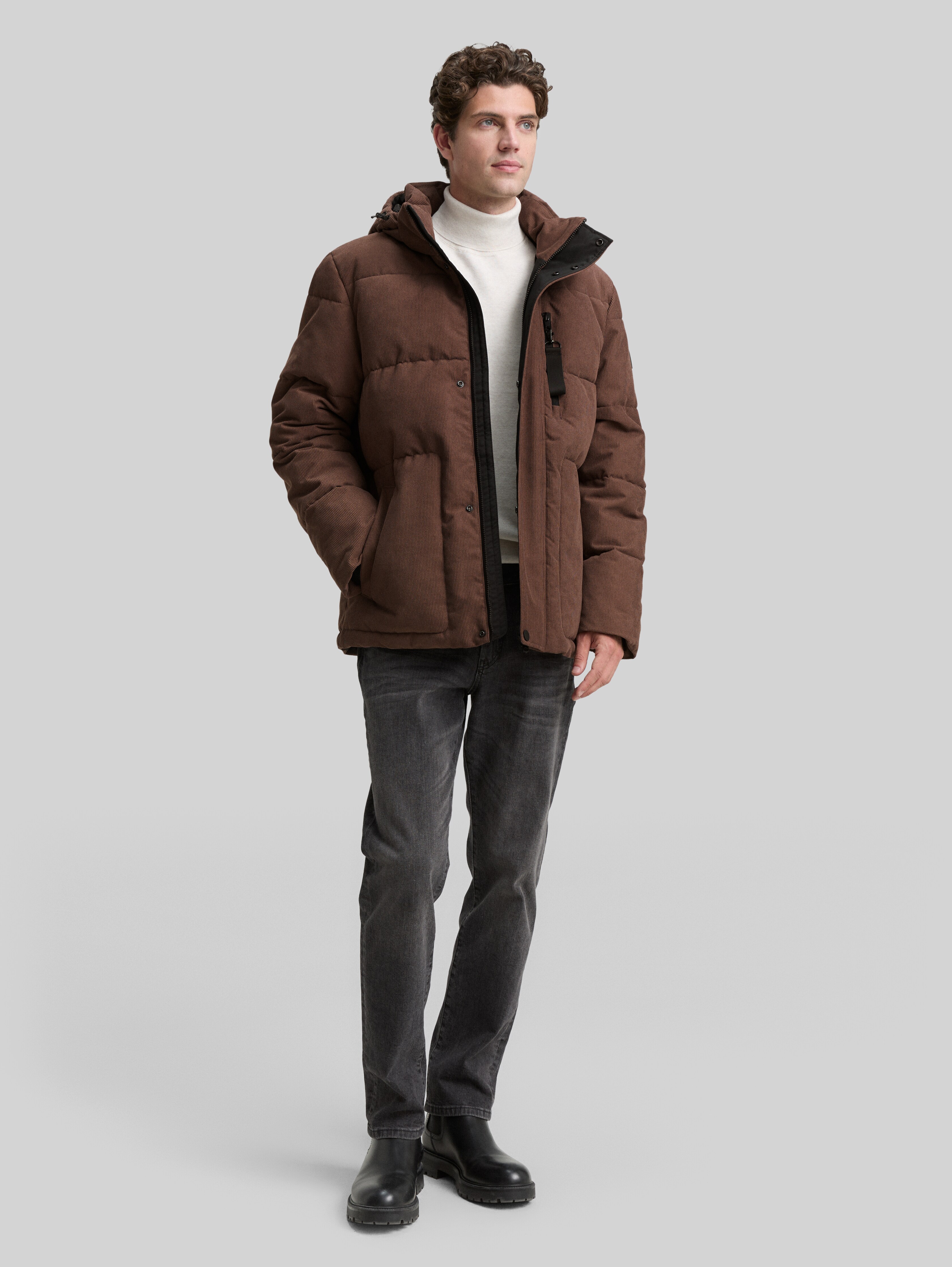 Corduroy pufferjas met afneembare capuchon in bruin van Tom Tailor