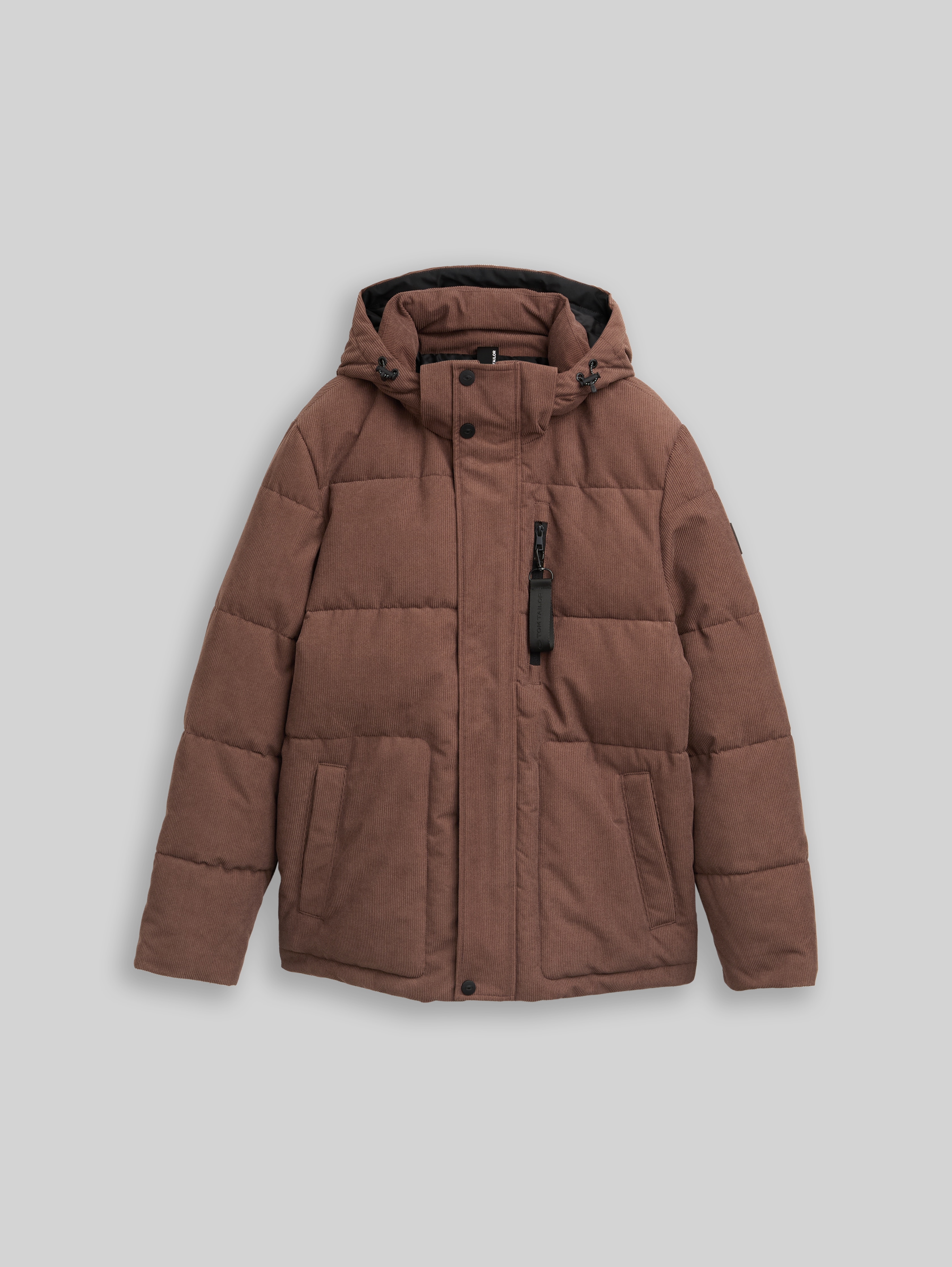 Corduroy puffer jacket with detachable hood in brown by Tom Tailor