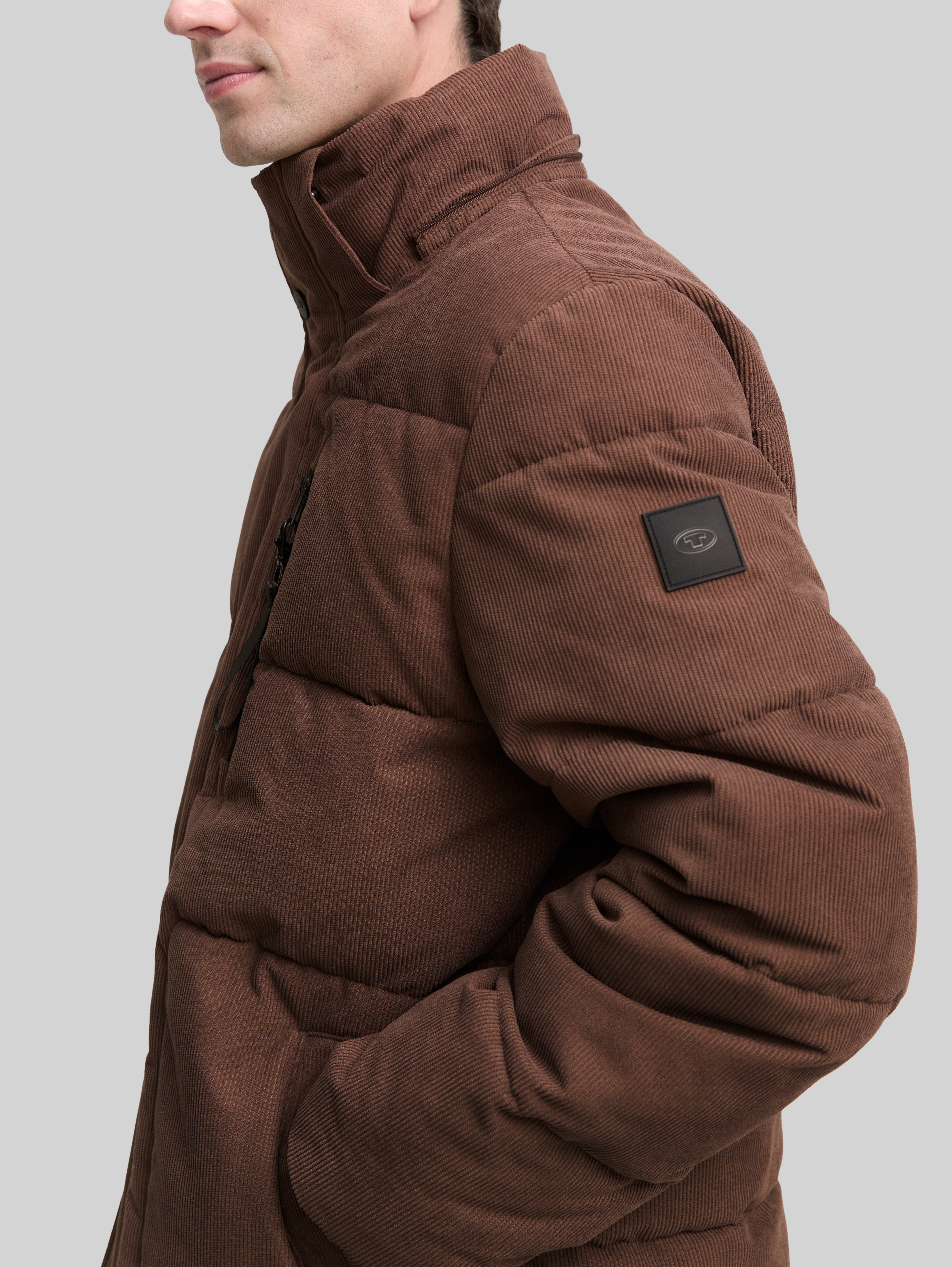 Corduroy puffer jacket with detachable hood in brown by Tom Tailor