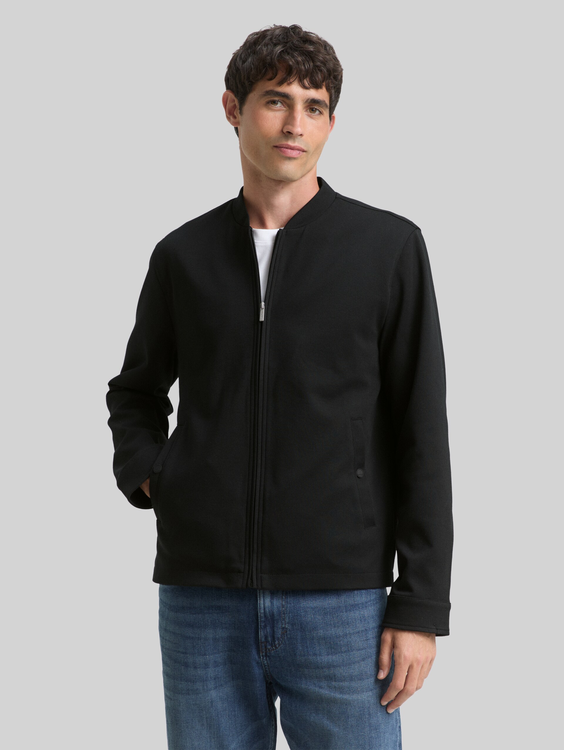 Piqué blouson jacket with bomber collar - Black