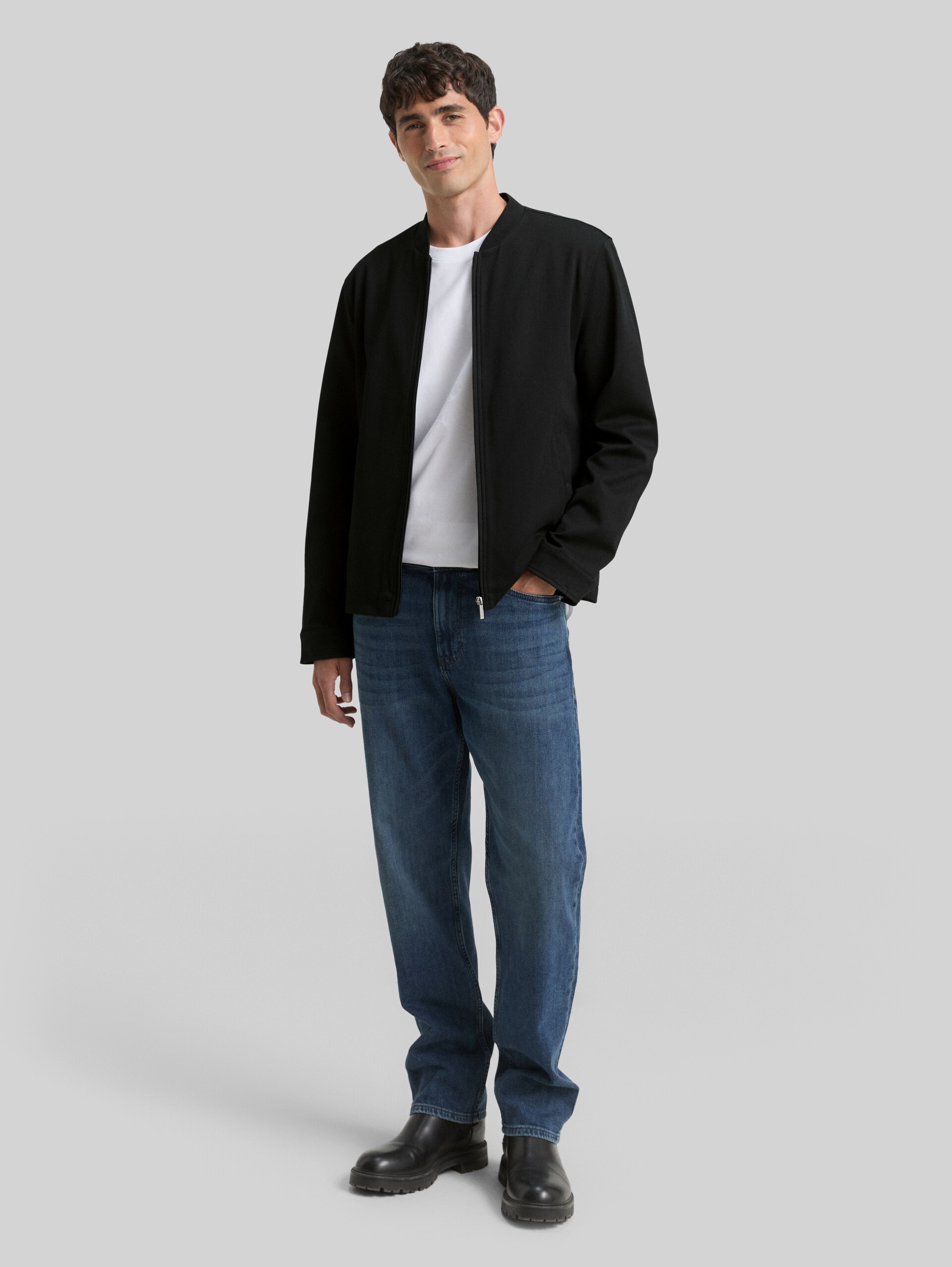 Piqué blouson jacket with bomber collar - Black