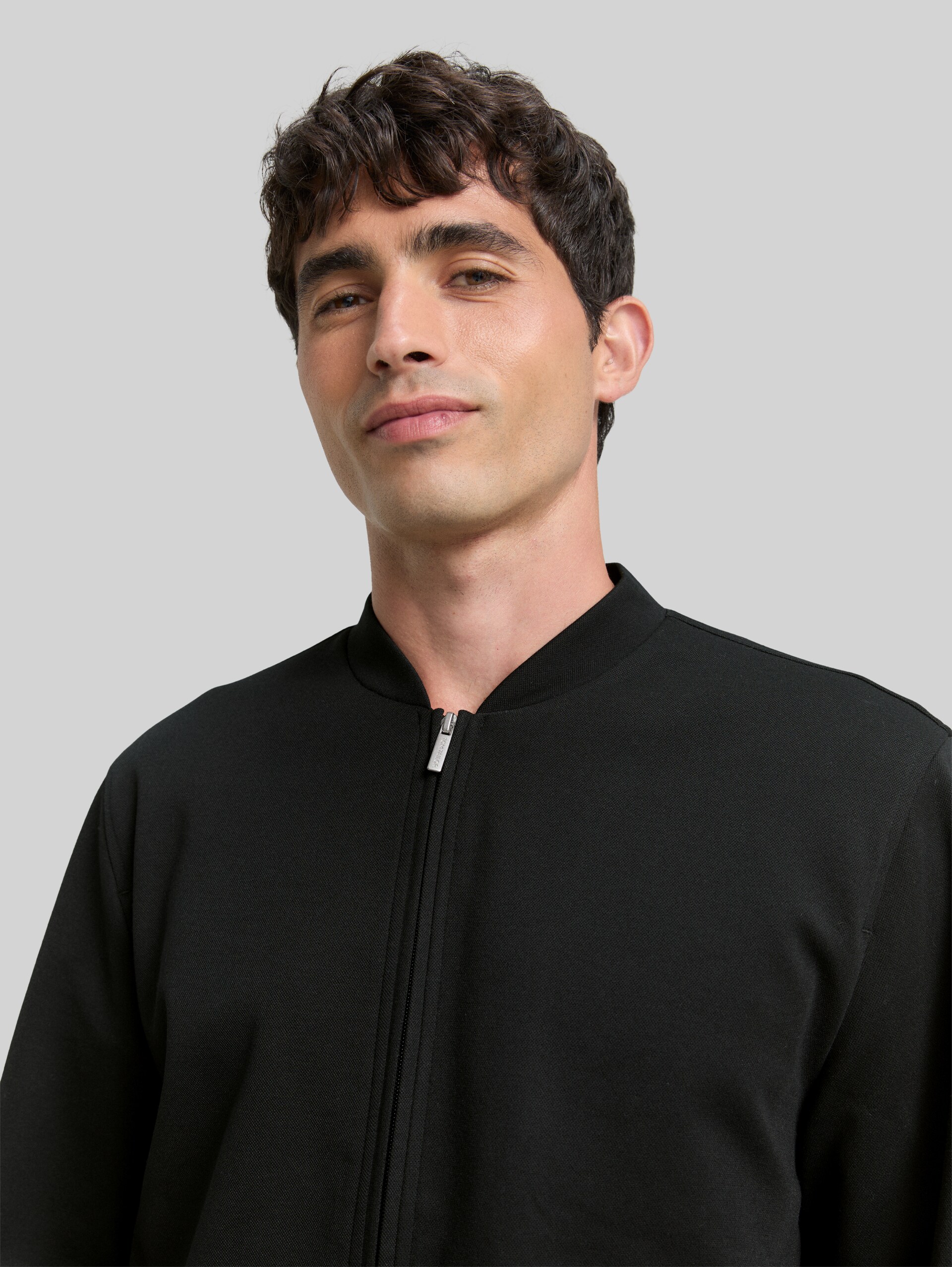 Piqué blouson jacket with bomber collar - Black