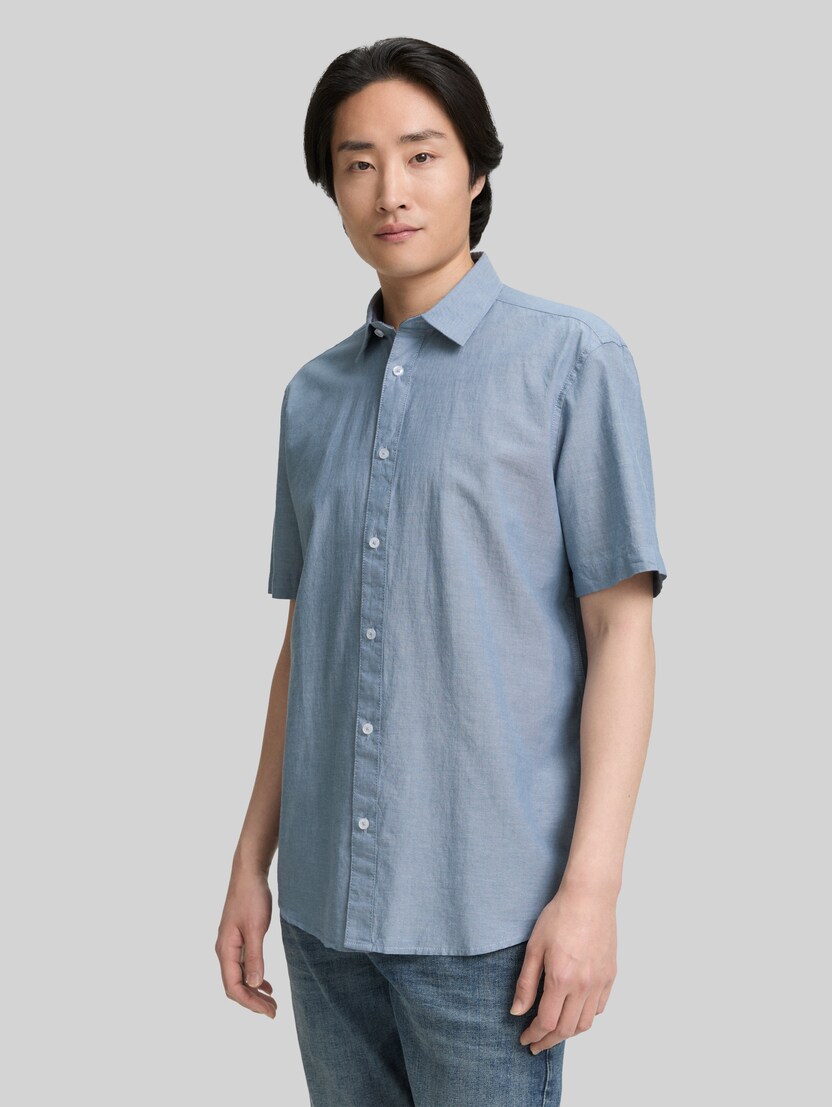 Regular Fit Kurzarmhemd aus Baumwolle von Men, real teal blue chambray