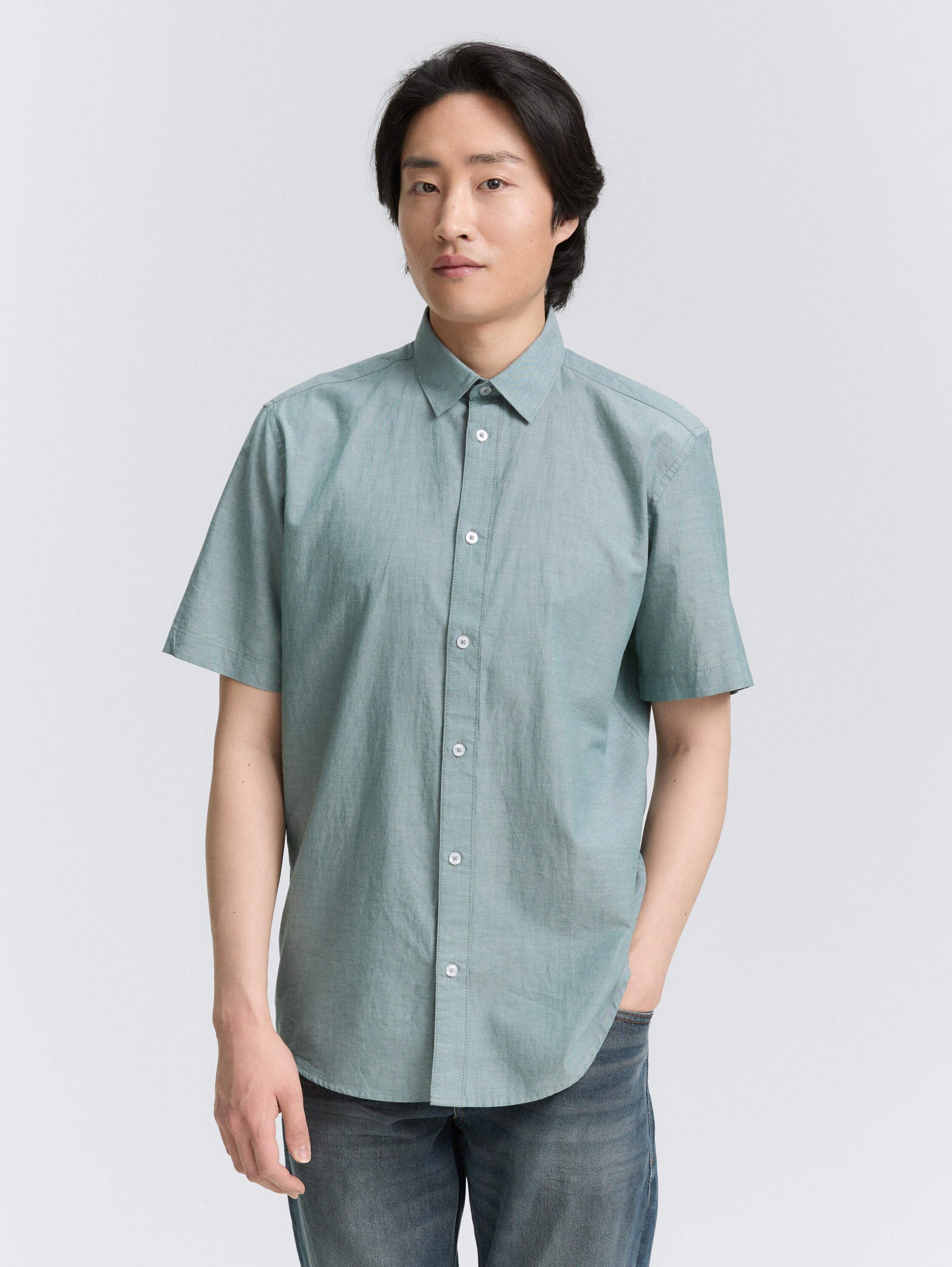 Regular fit short-sleeved cotton shirt - jasper_green_chambray - 
