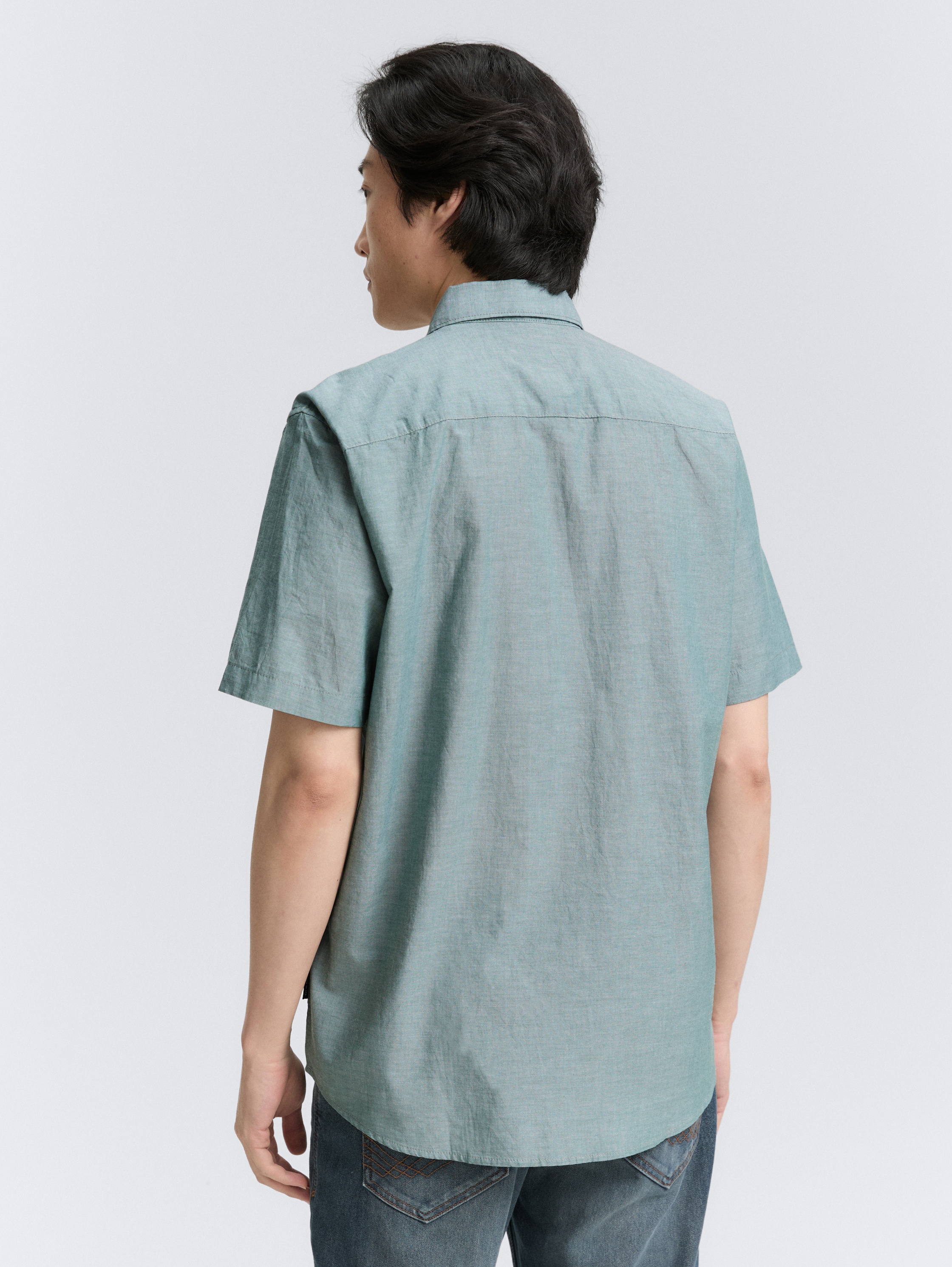 Regular fit short-sleeved cotton shirt - jasper_green_chambray - 