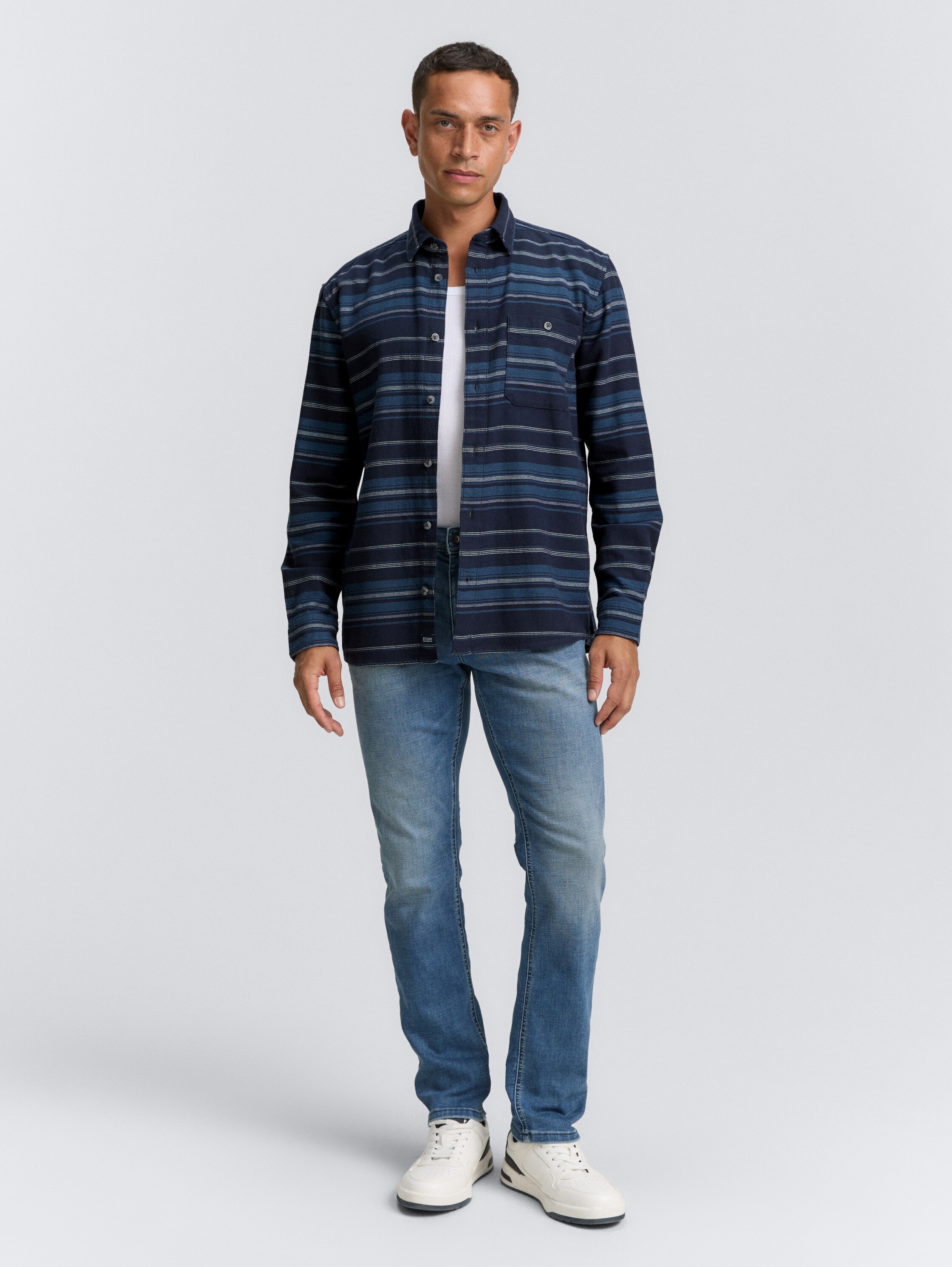 Comfort fit overhemd met streeppatroon - navy_teal_horizontal_stripe - 