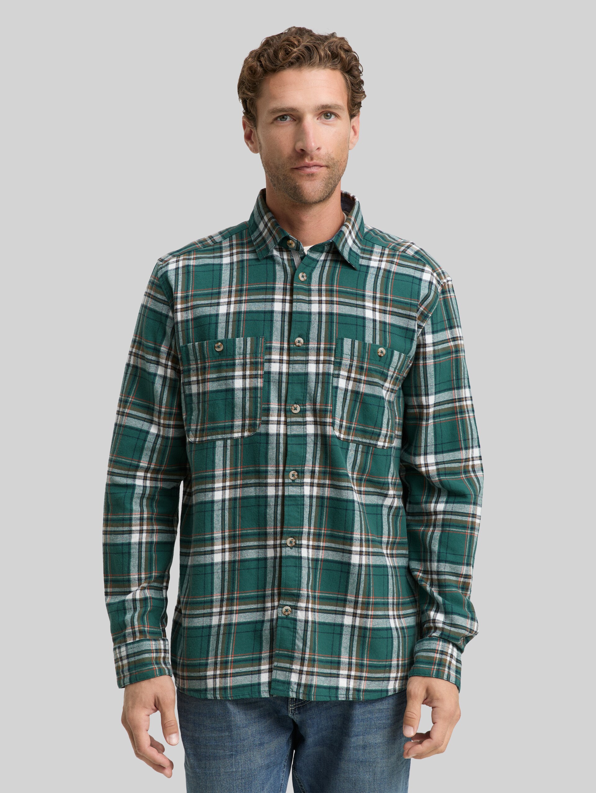 Comfort Fit Flanell-Hemd mit Karomuster - green multicolor check - Ausschnitt Model-Vorderansicht