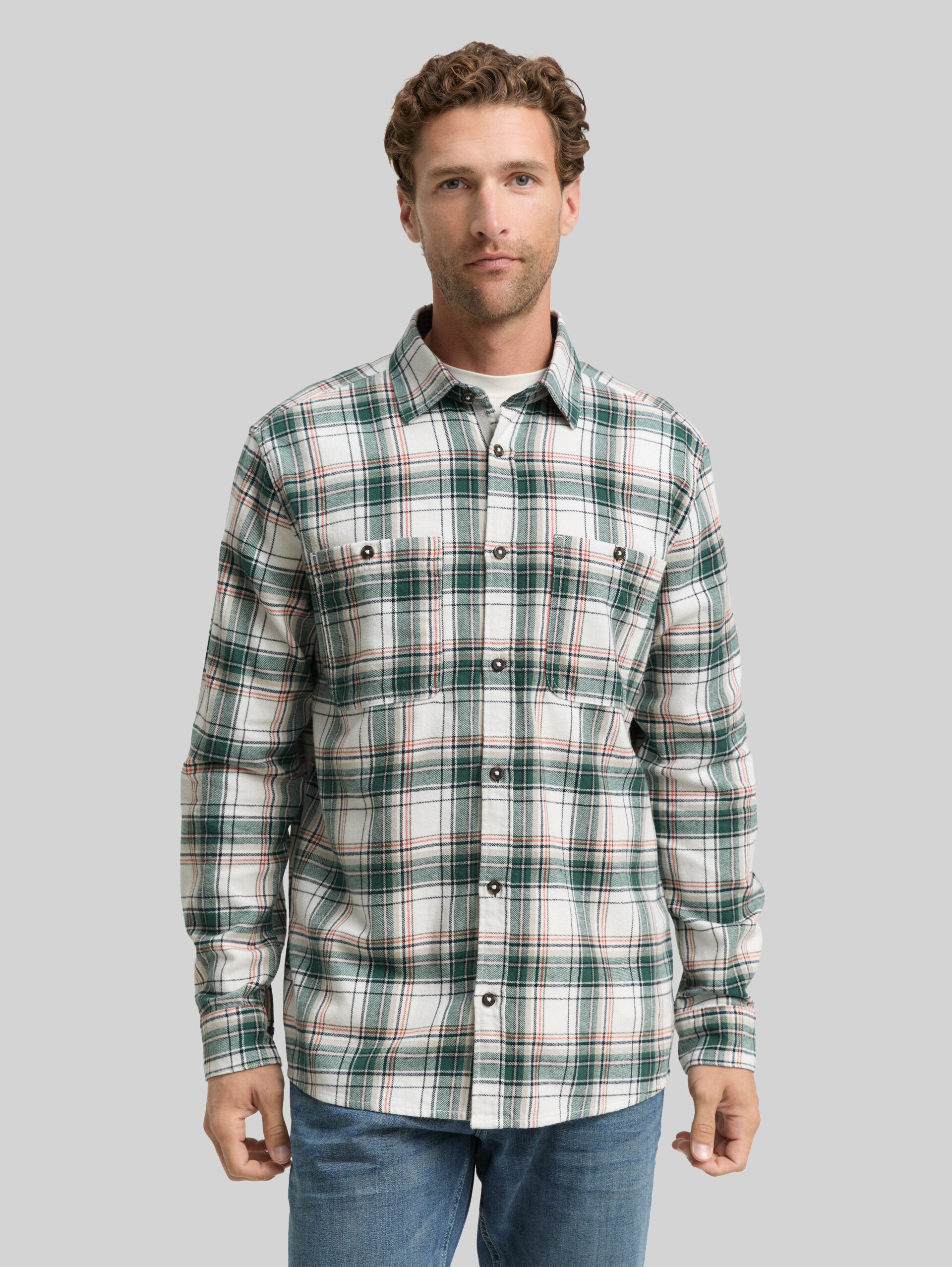Comfort Fit Flanell-Hemd mit Karomuster - off white multicolor check - Ausschnitt Model-Vorderansicht