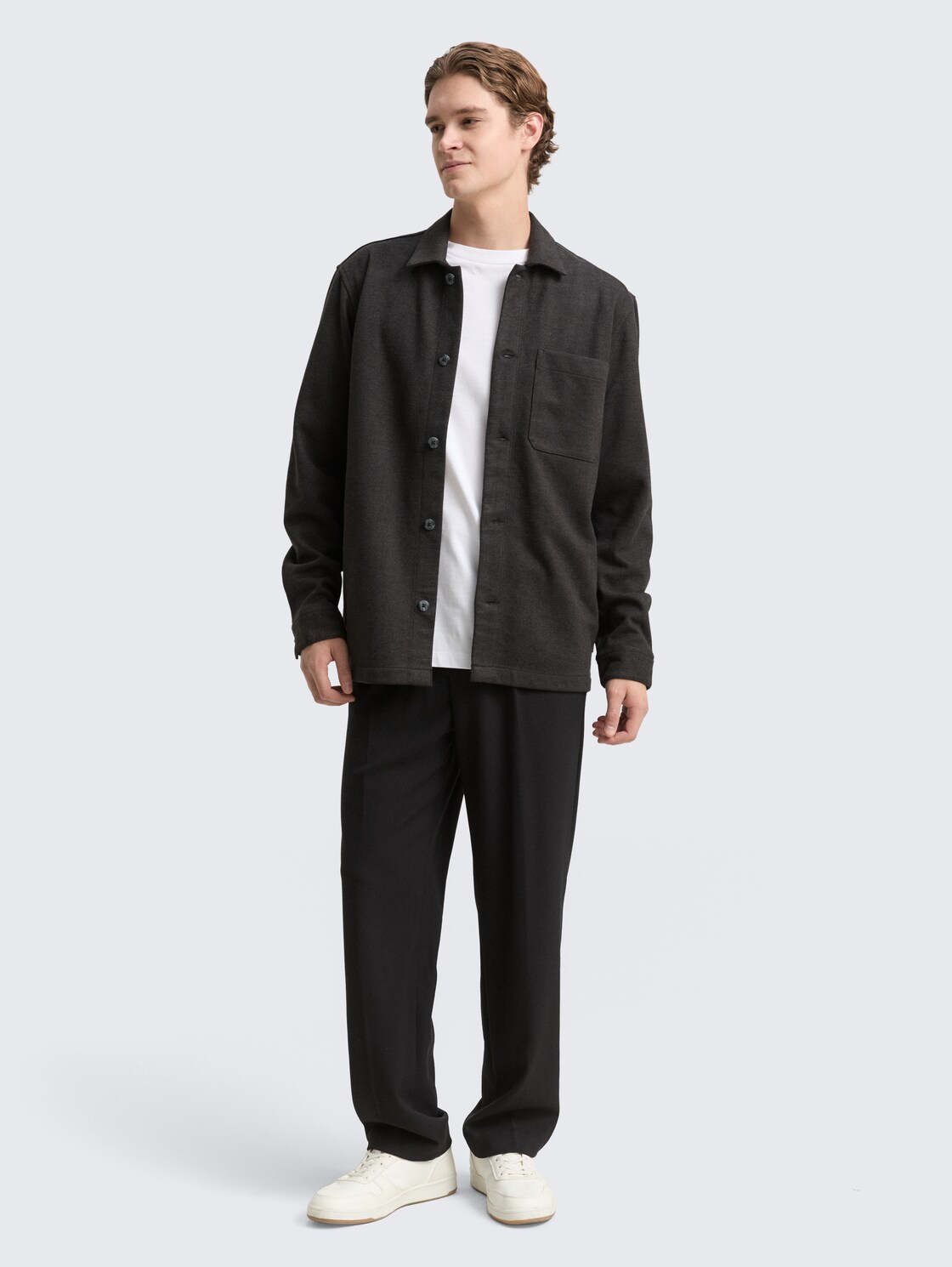 Overshirt with breast pocket - black twill - Model front view