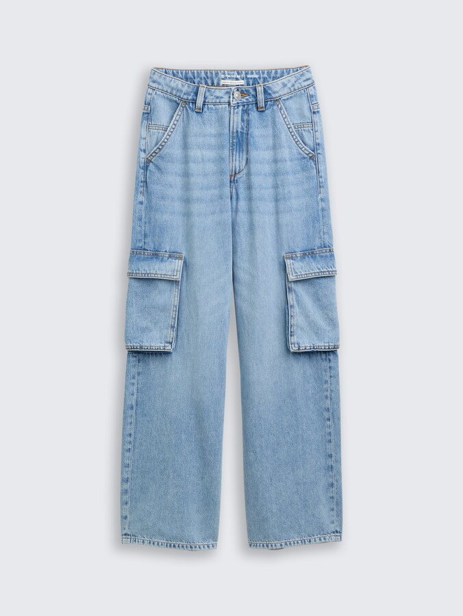 Wide Leg Cargo Jeans von Teen Girls, Clean Light Stone Blue Denim
