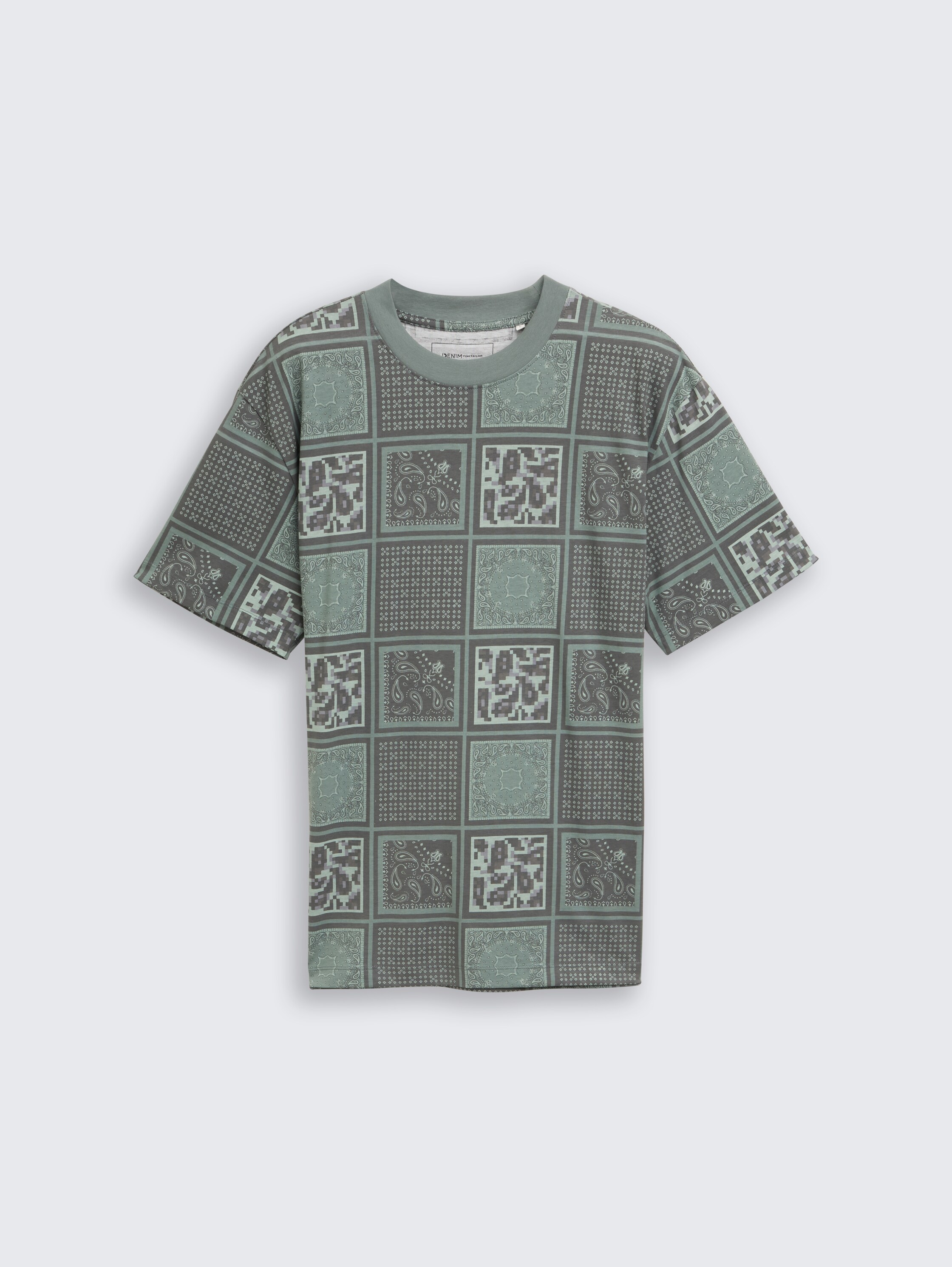 Relaxed Fit T-Shirt mit Muster - grey_green_patchwork_print - 