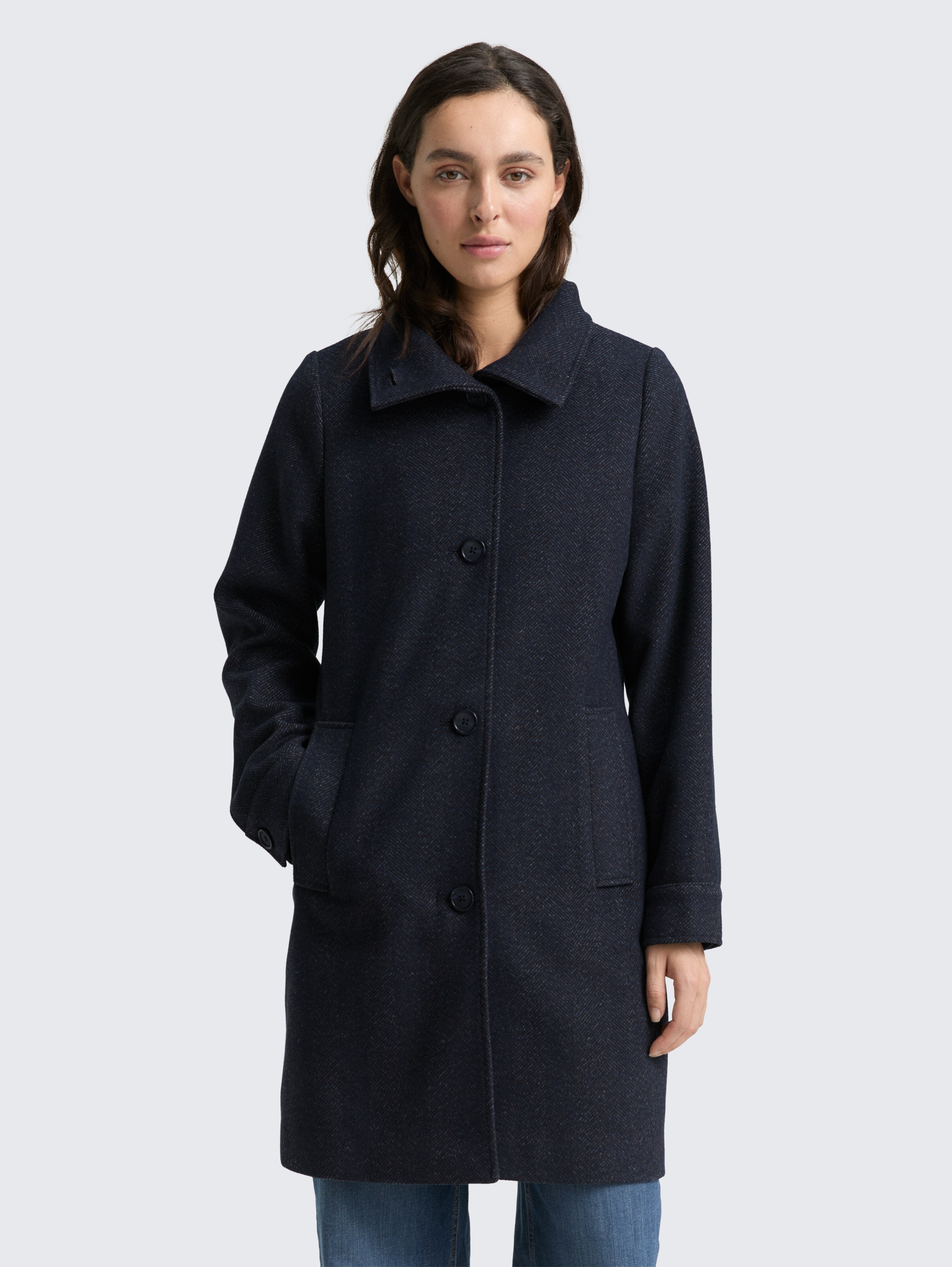 Wollmantel mit Stehkragen von Women, navy heringbone