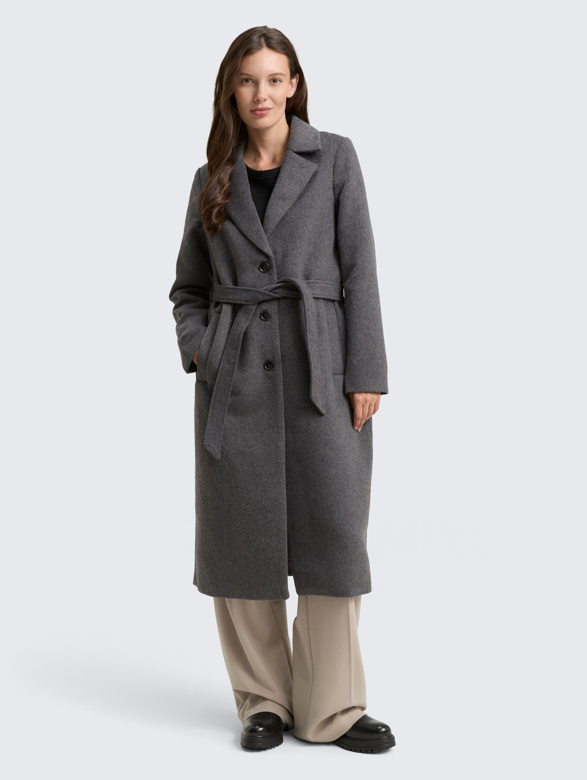 Wollmantel mit Gürtel - dark anthra melange - Model-Vorderansicht