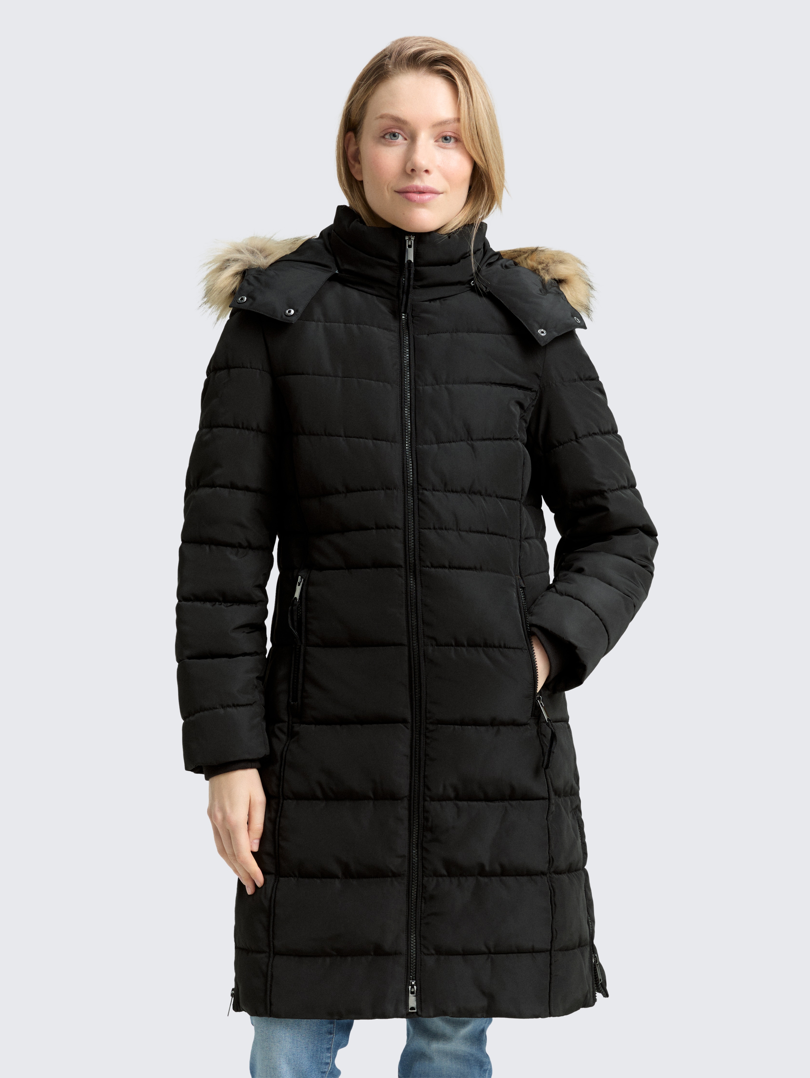 Puffer-Mantel mit abnehmbarer Kapuze von Women, deep black