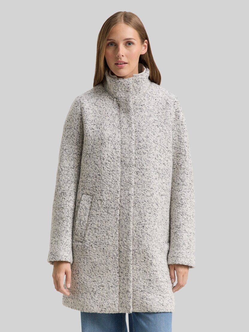 Bouclé Wollmantel mit Stehkragen von Denim Female, white black boucle
