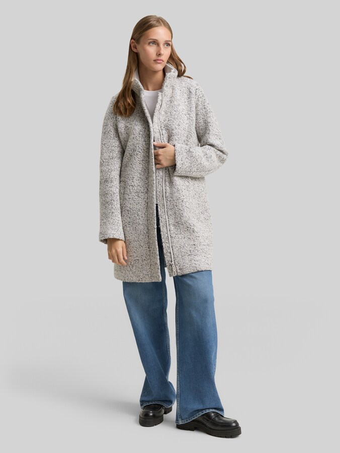 Bouclé Wollmantel mit Stehkragen von Denim Female, white black boucle