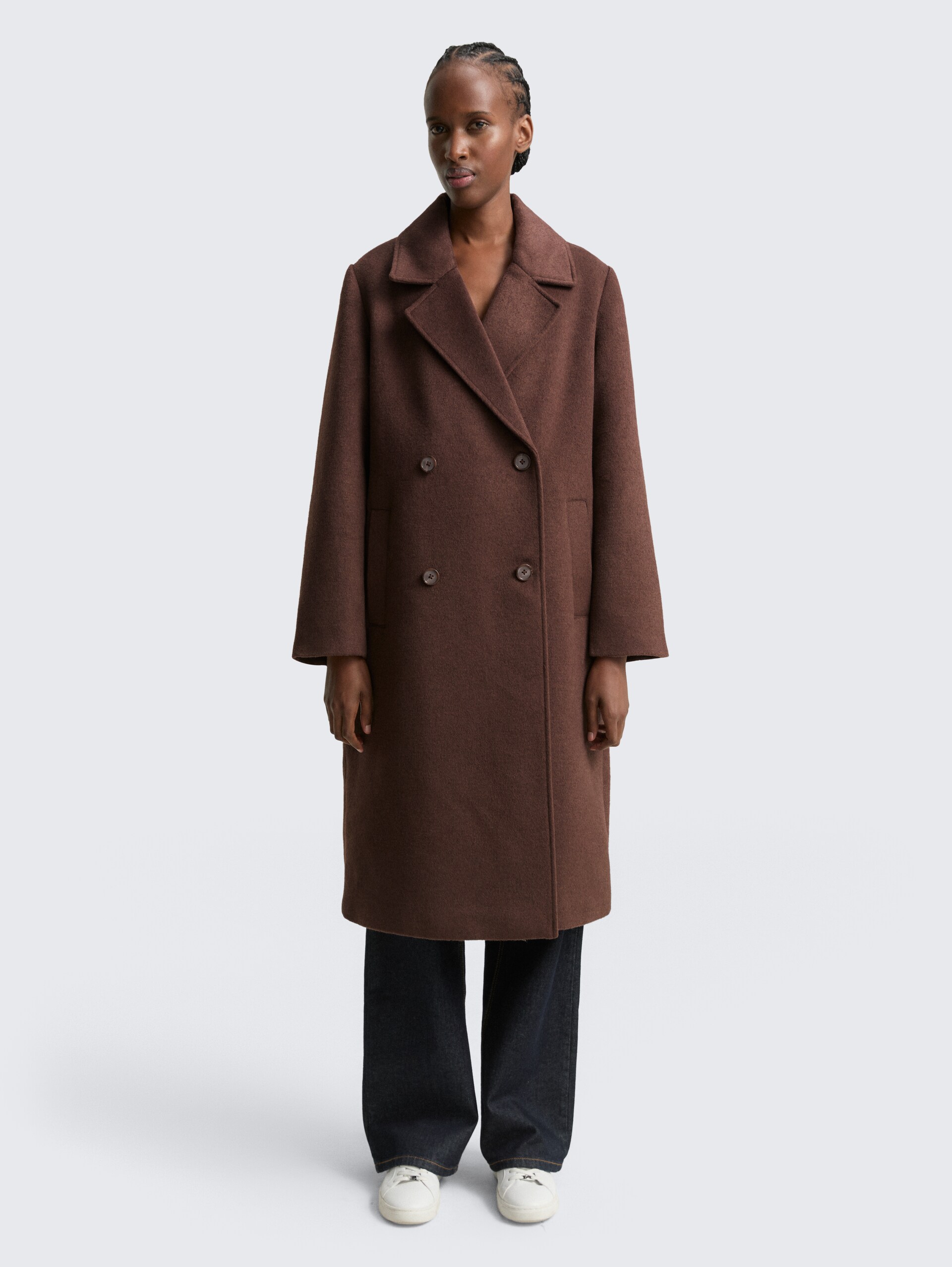 Loose Fit Wollmantel - soft chocolate brown - Model-Vorderansicht